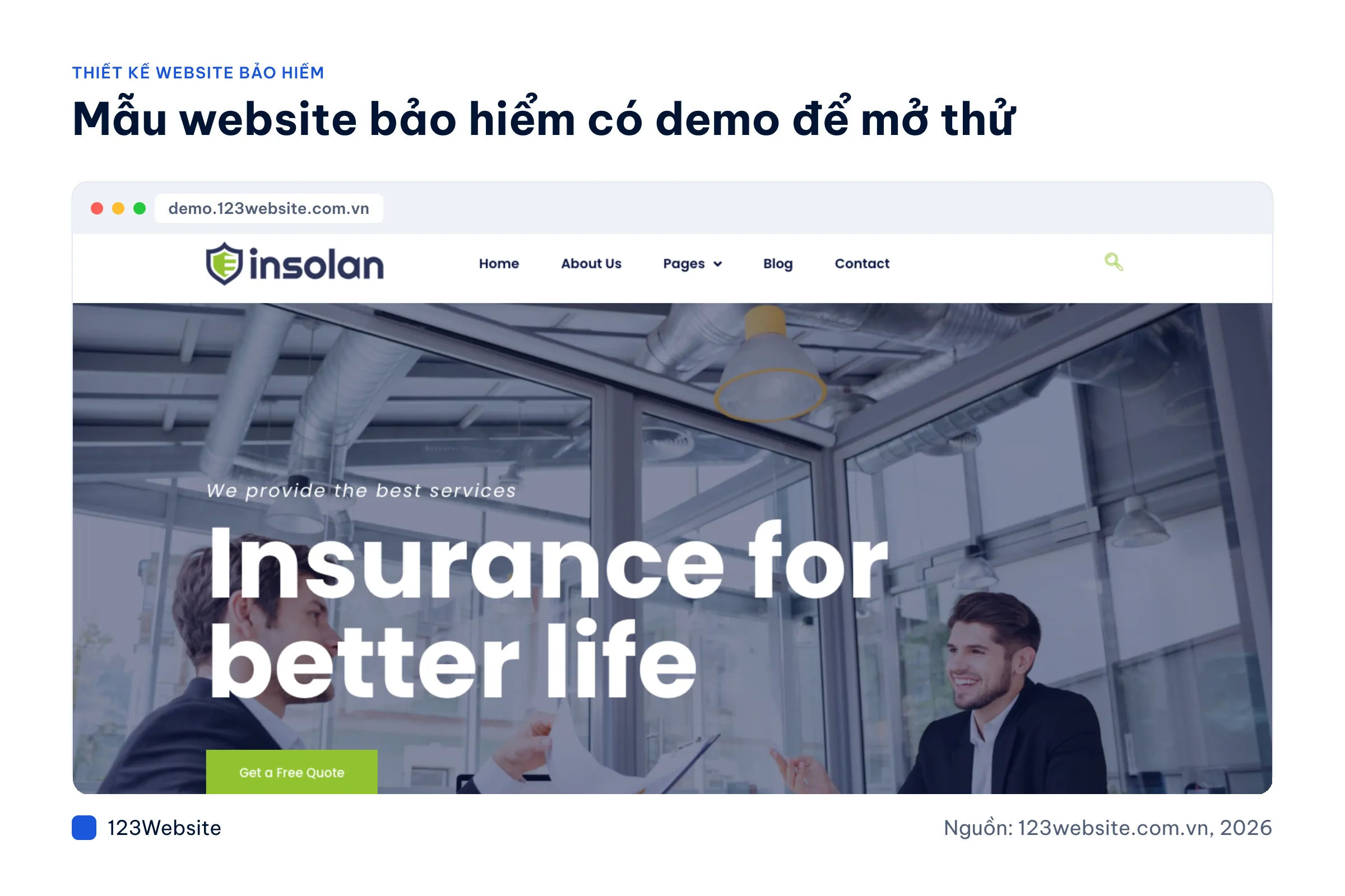 Giao diện mẫu website bảo hiểm Insolan tại 123Website