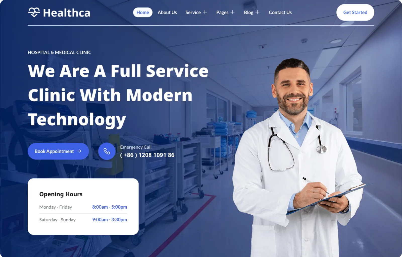 Nút đặt lịch, số cấp cứu và giờ khám ngay đầu trang mẫu bệnh viện Healthca
