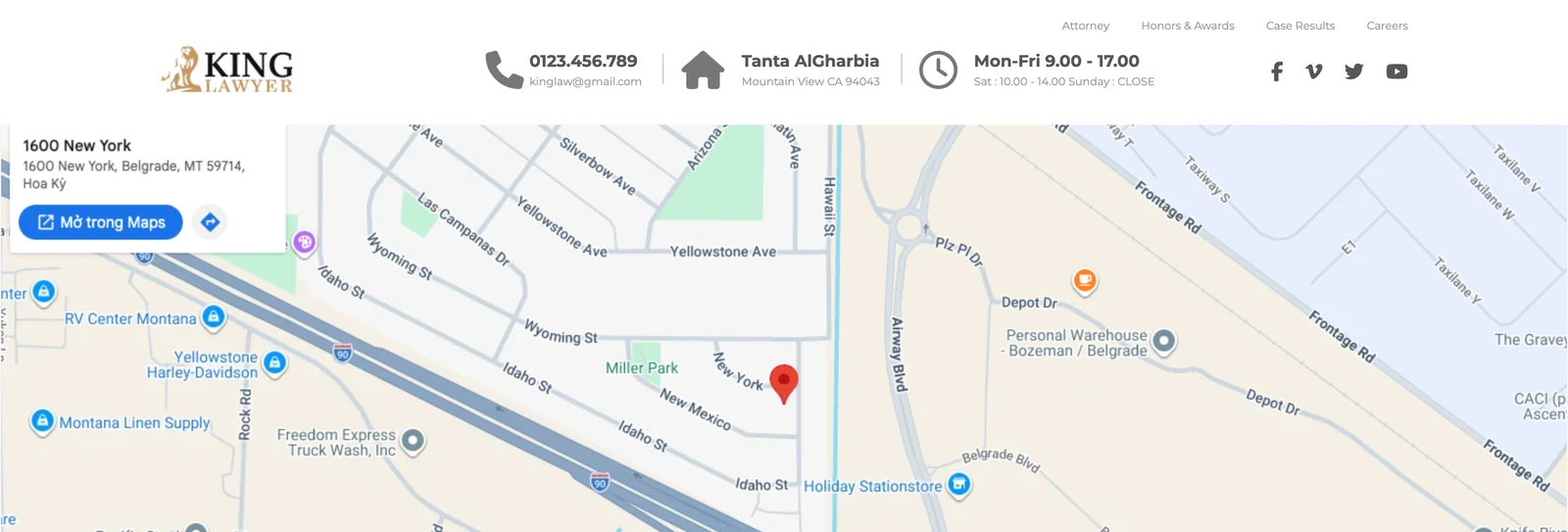 Trang liên hệ mẫu Kinglaw có số điện thoại, địa chỉ, giờ làm việc và bản đồ