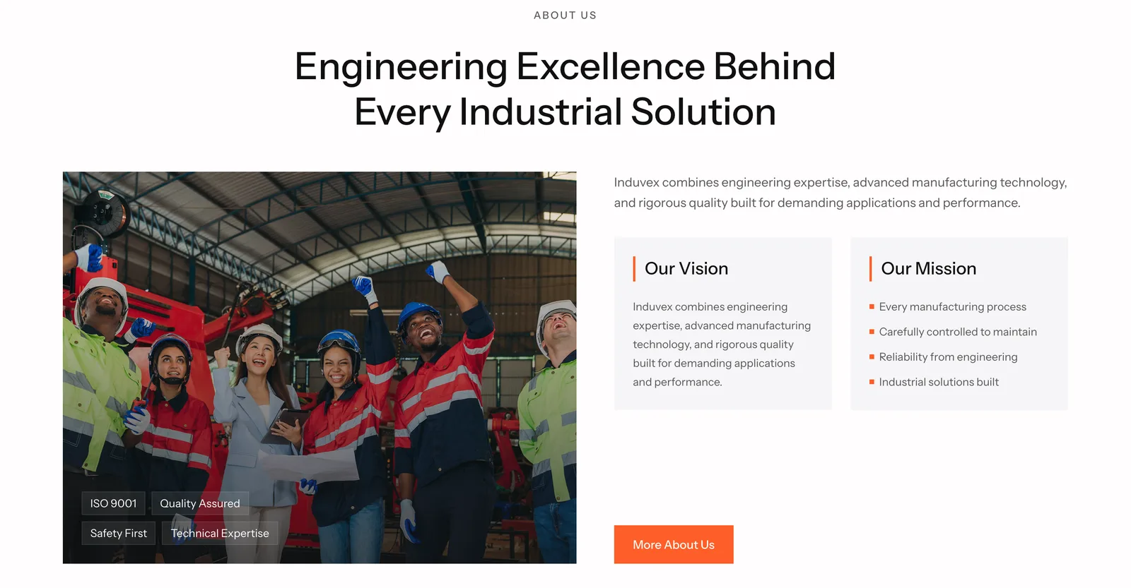 Khối giới thiệu xưởng có nhãn ISO 9001 trên mẫu website cơ khí Induvex