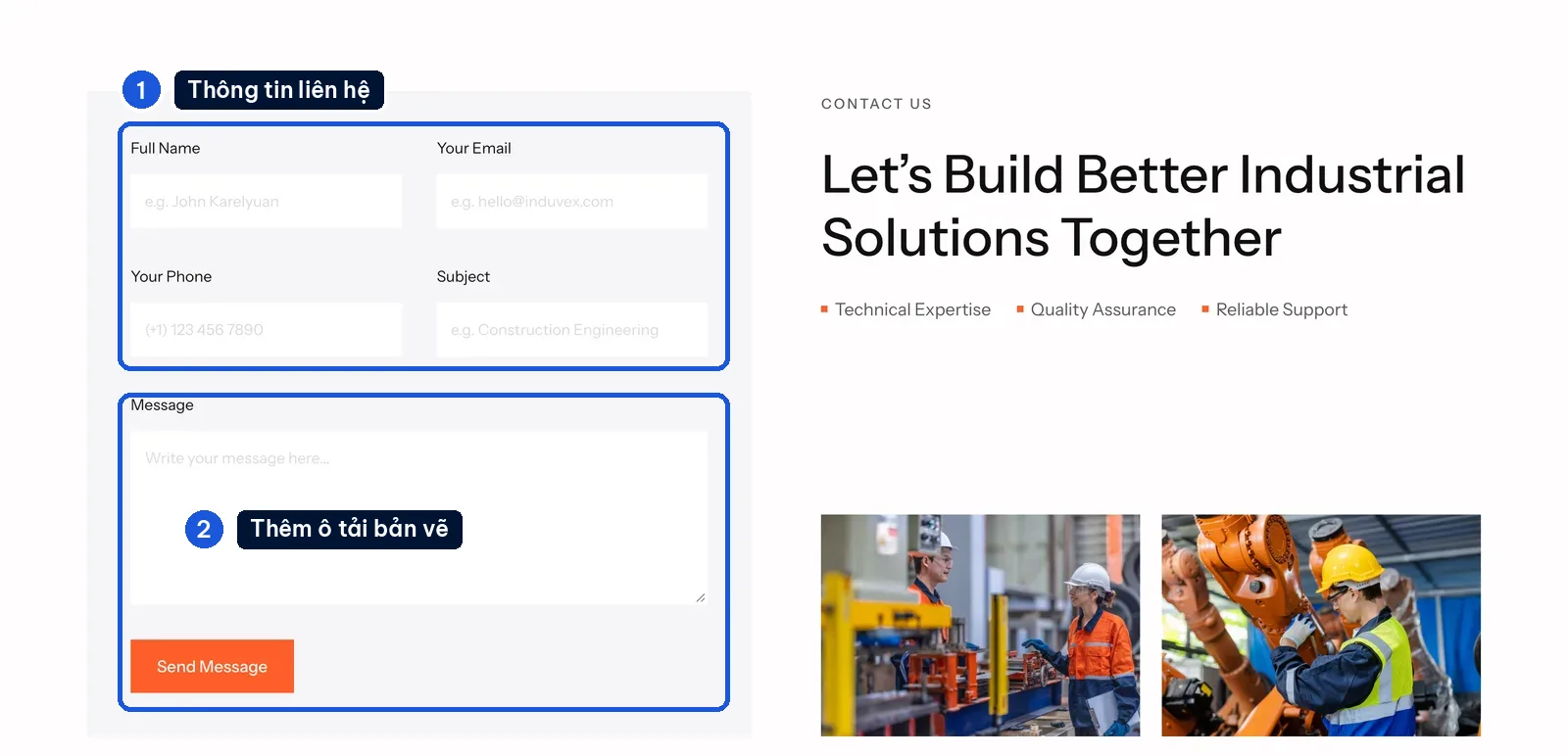 Form liên hệ nhận yêu cầu báo giá trên mẫu website cơ khí Induvex