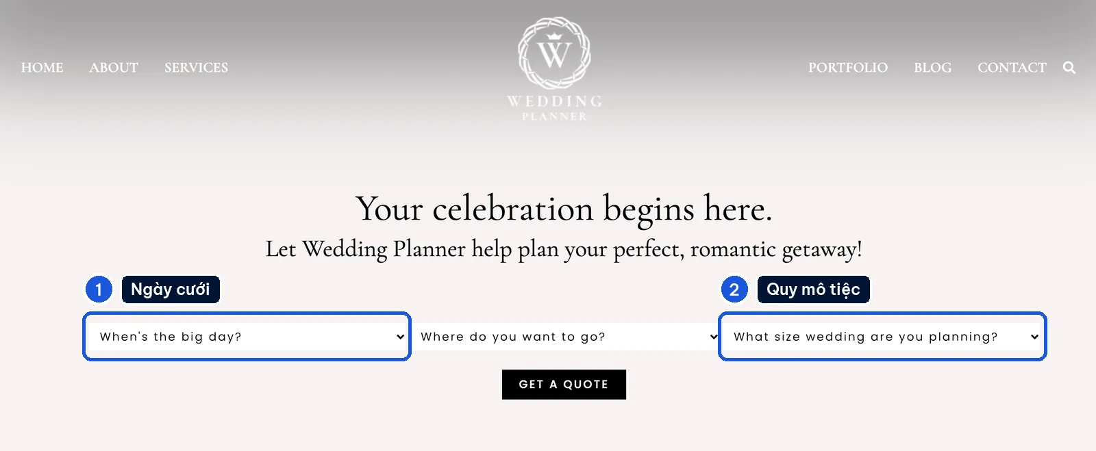 Ô chọn ngày cưới và số khách trên website tiệc cưới Happy life 17
