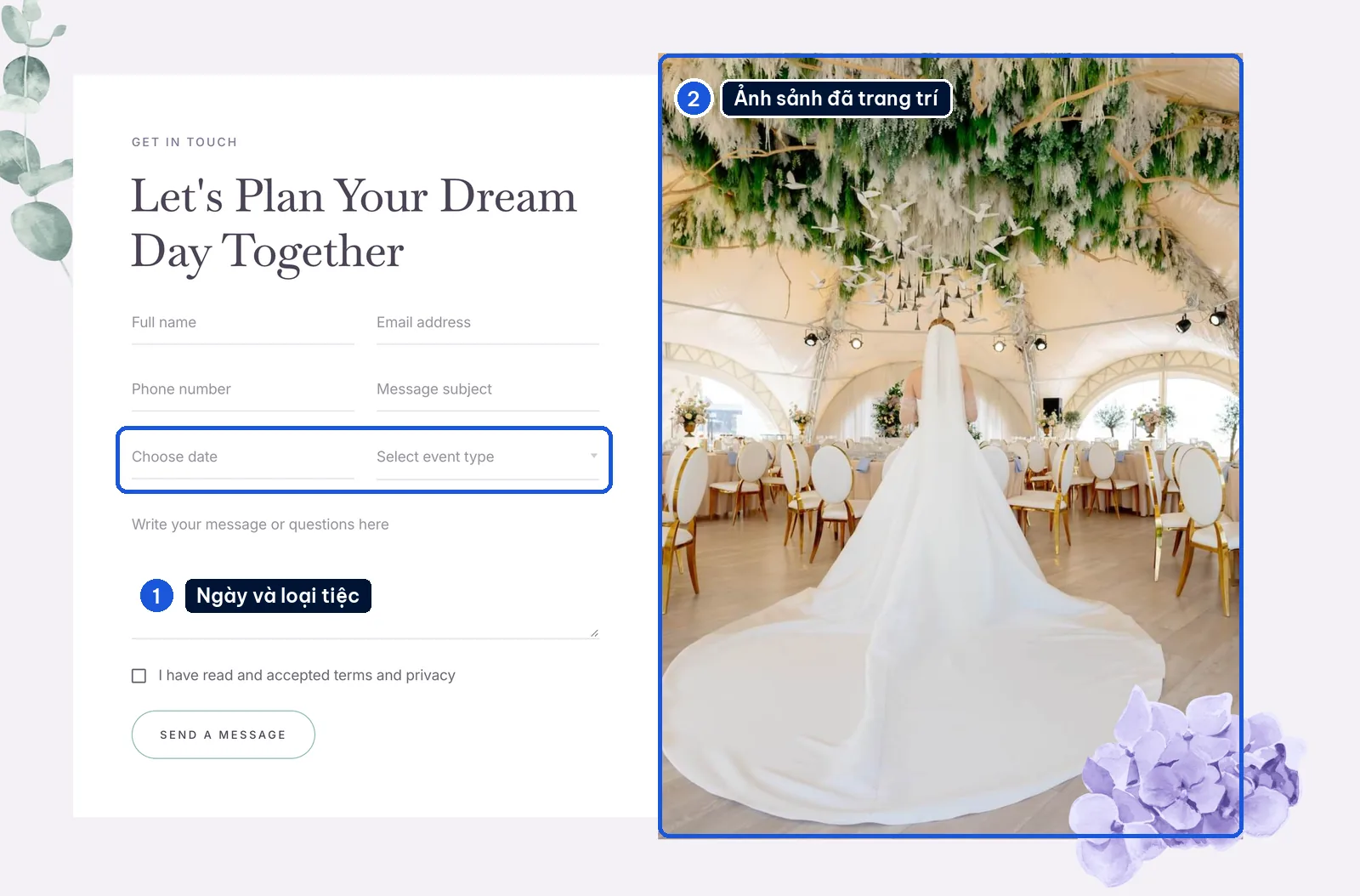 Form đặt lịch có ô chọn ngày và loại tiệc trên website tiệc cưới Bellavue