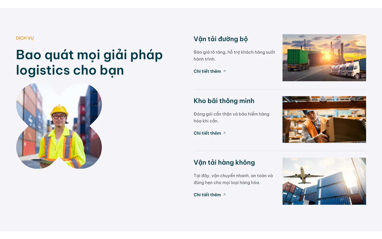 Khối dịch vụ vận tải đường bộ và kho bãi trên mẫu website Logport