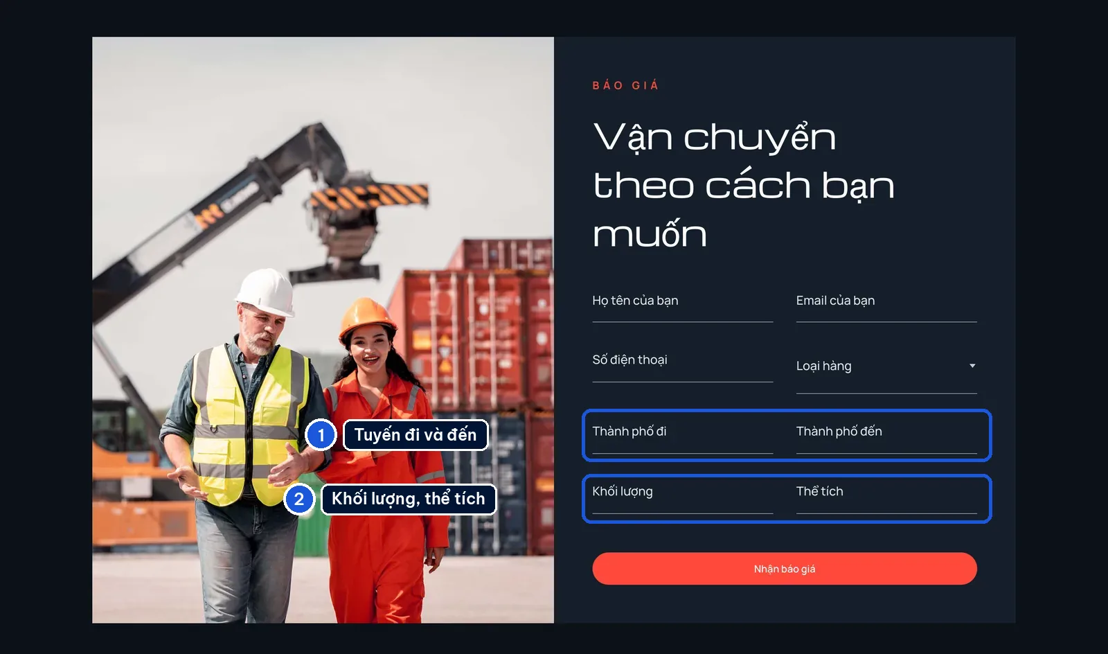 Form yêu cầu báo giá vận tải có thành phố đi, đến và khối lượng trên mẫu Hauler