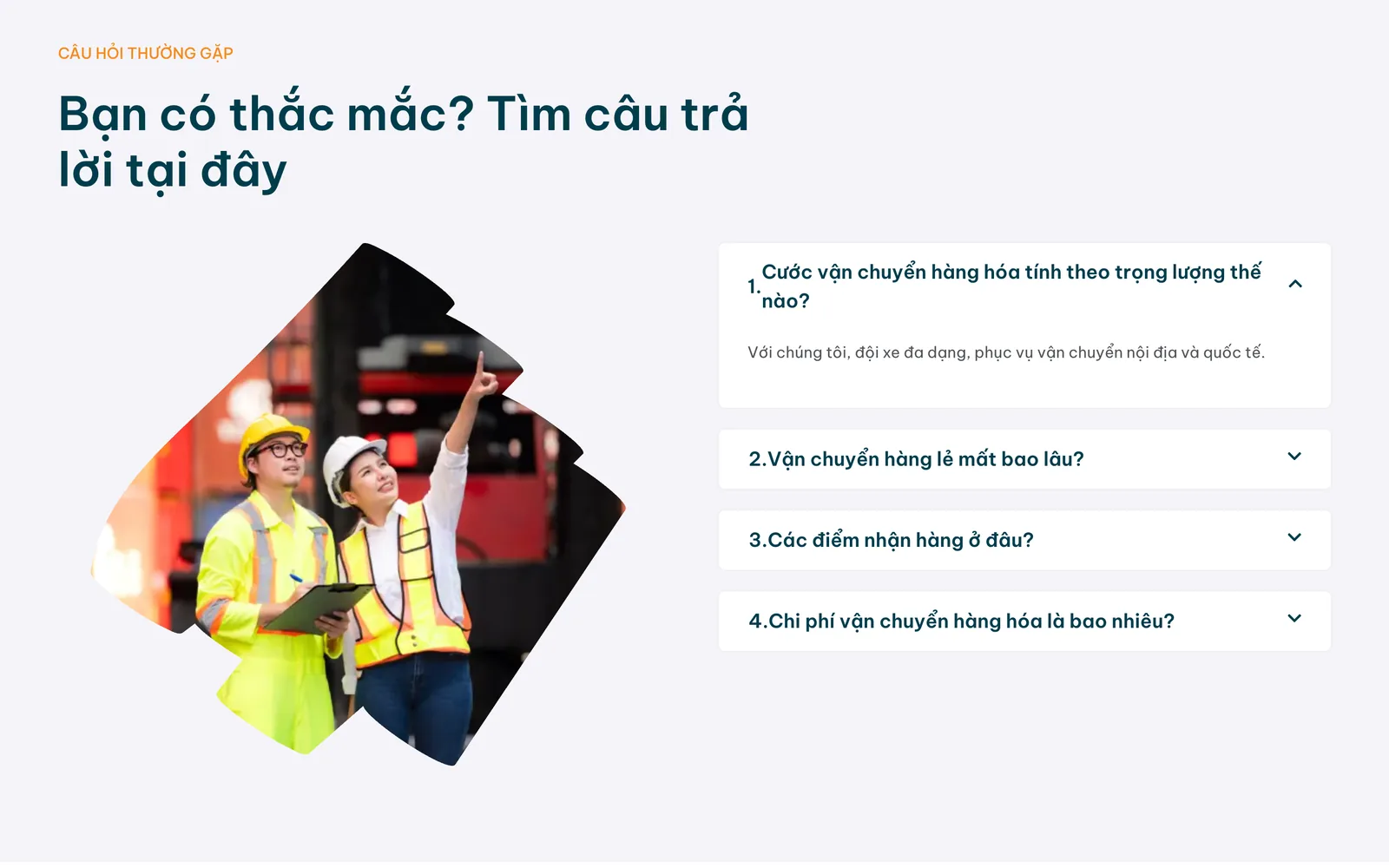 Khối hỏi đáp về cước vận chuyển trên mẫu website vận tải Logport