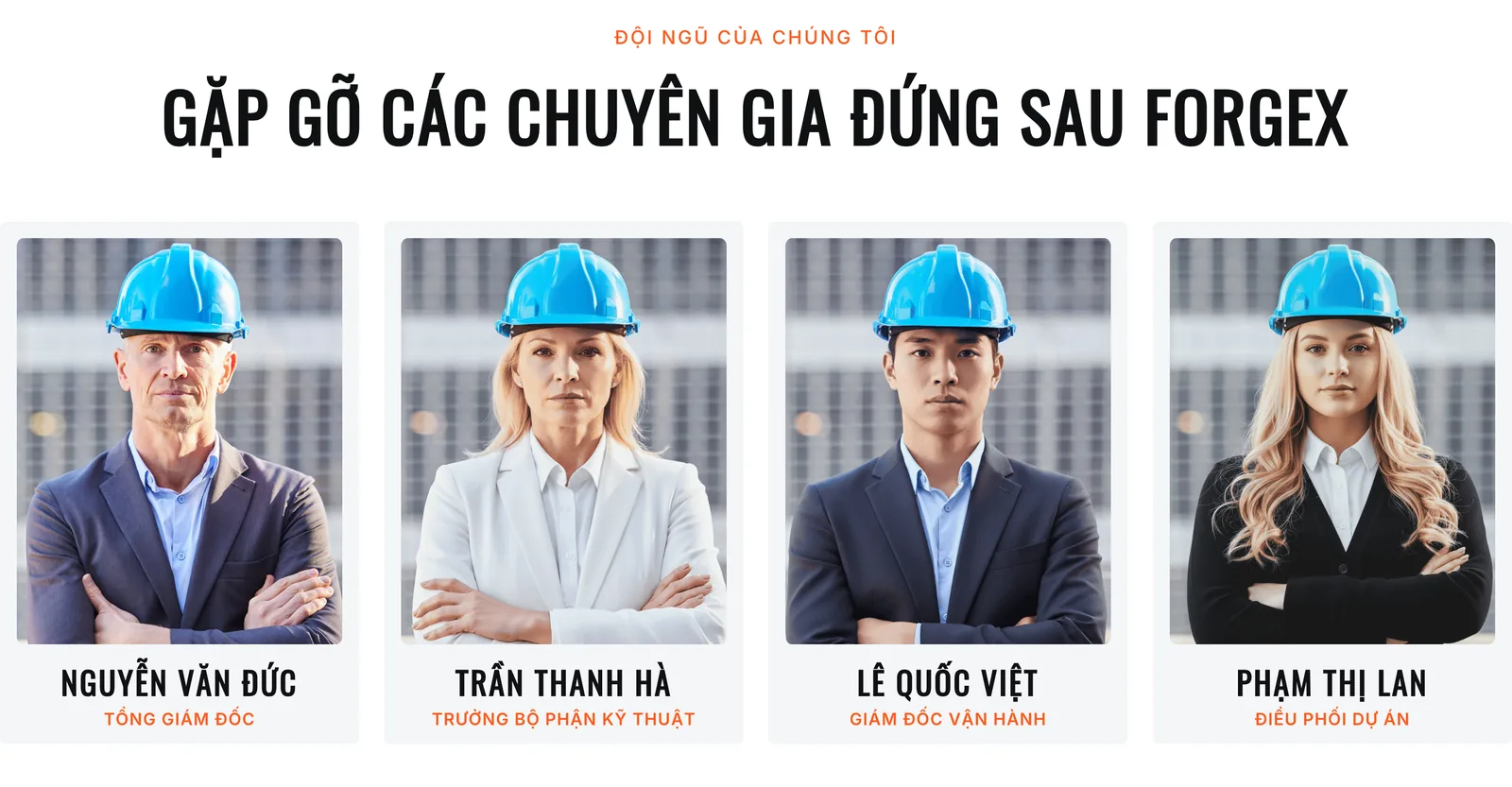 Đội ngũ lãnh đạo trên mẫu website công ty ForgeX