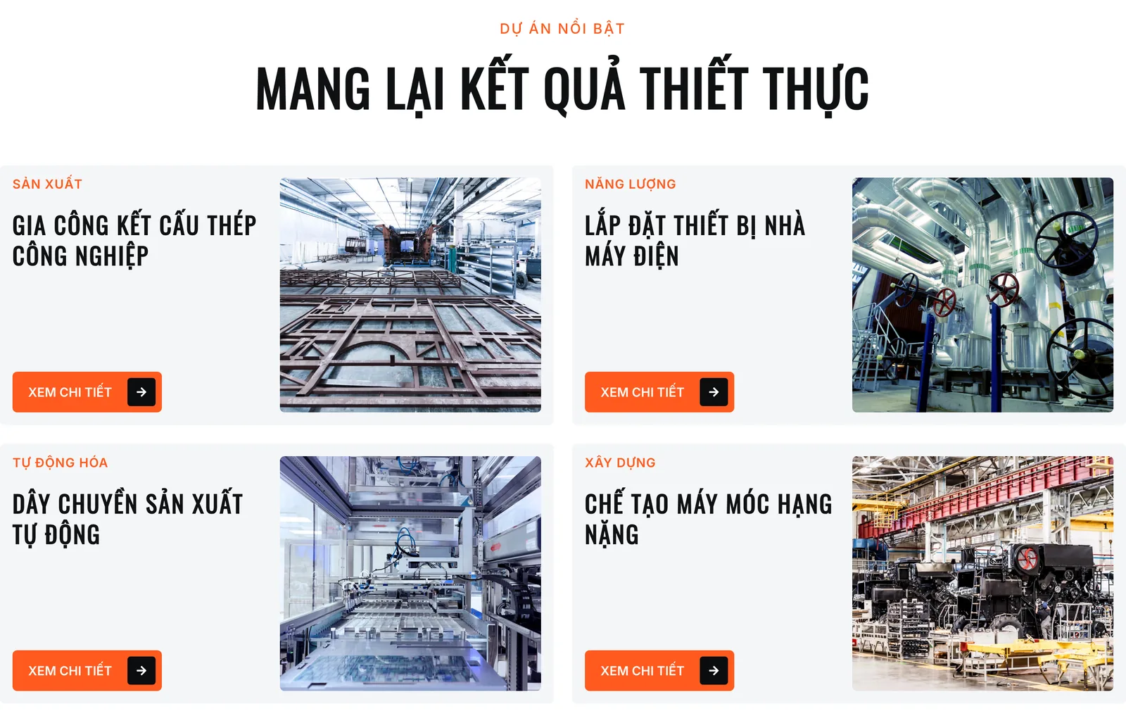 Lưới dự án theo lĩnh vực trên mẫu website công ty ForgeX