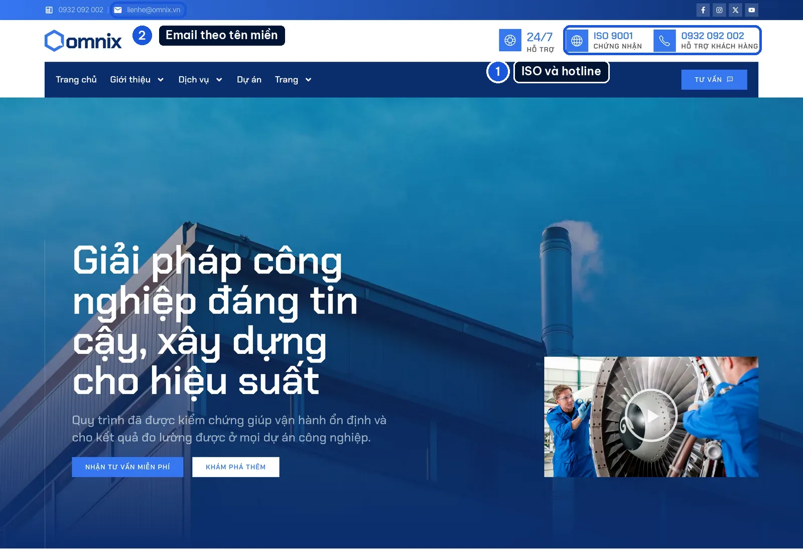 Chứng nhận ISO và hotline trên mẫu website công ty Omnix