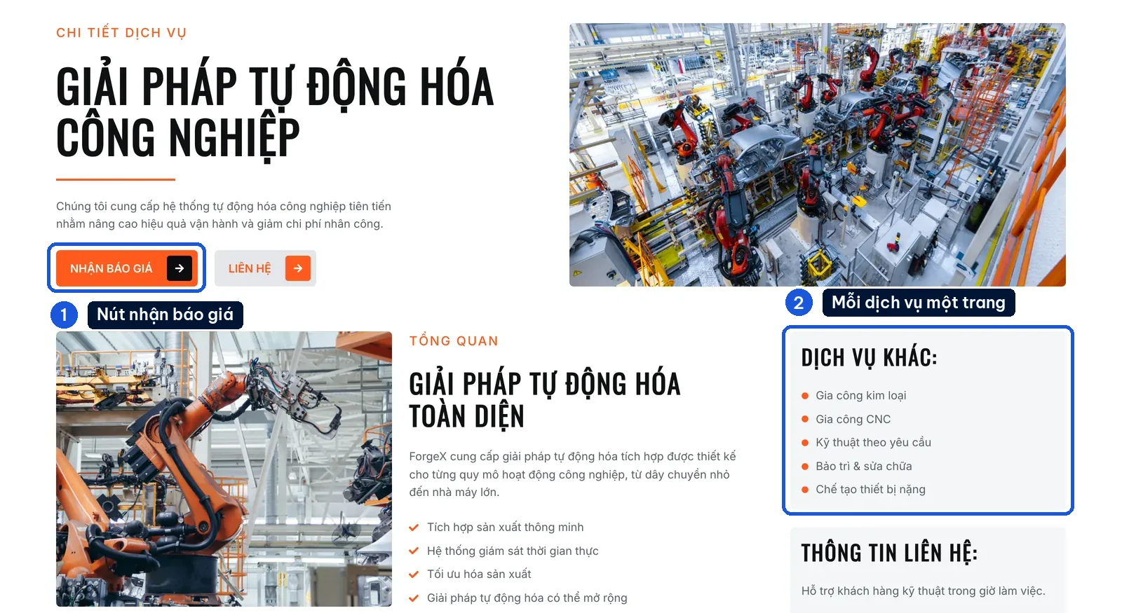 Trang chi tiết dịch vụ có nút nhận báo giá trên mẫu website công ty ForgeX