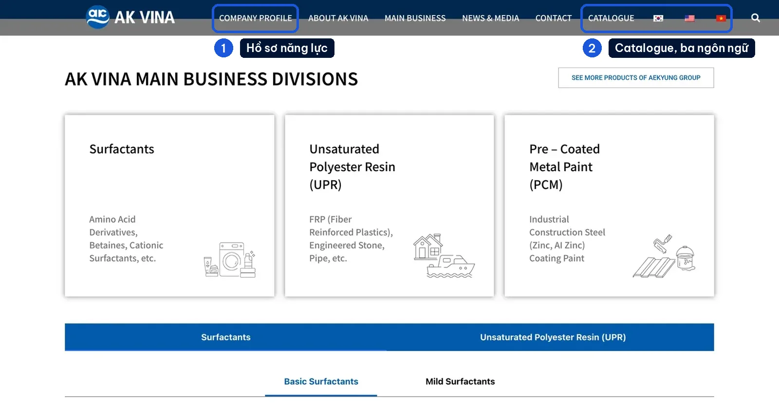 Menu có mục hồ sơ năng lực, catalogue và ba ngôn ngữ trên website AK VINA