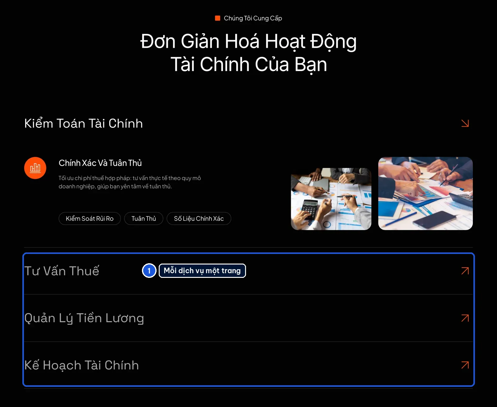 Dịch vụ kế toán trên mẫu website Finexa