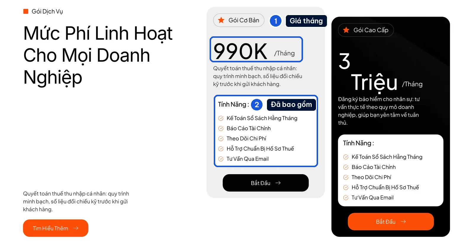 Bảng phí dịch vụ kế toán trên mẫu website Finexa