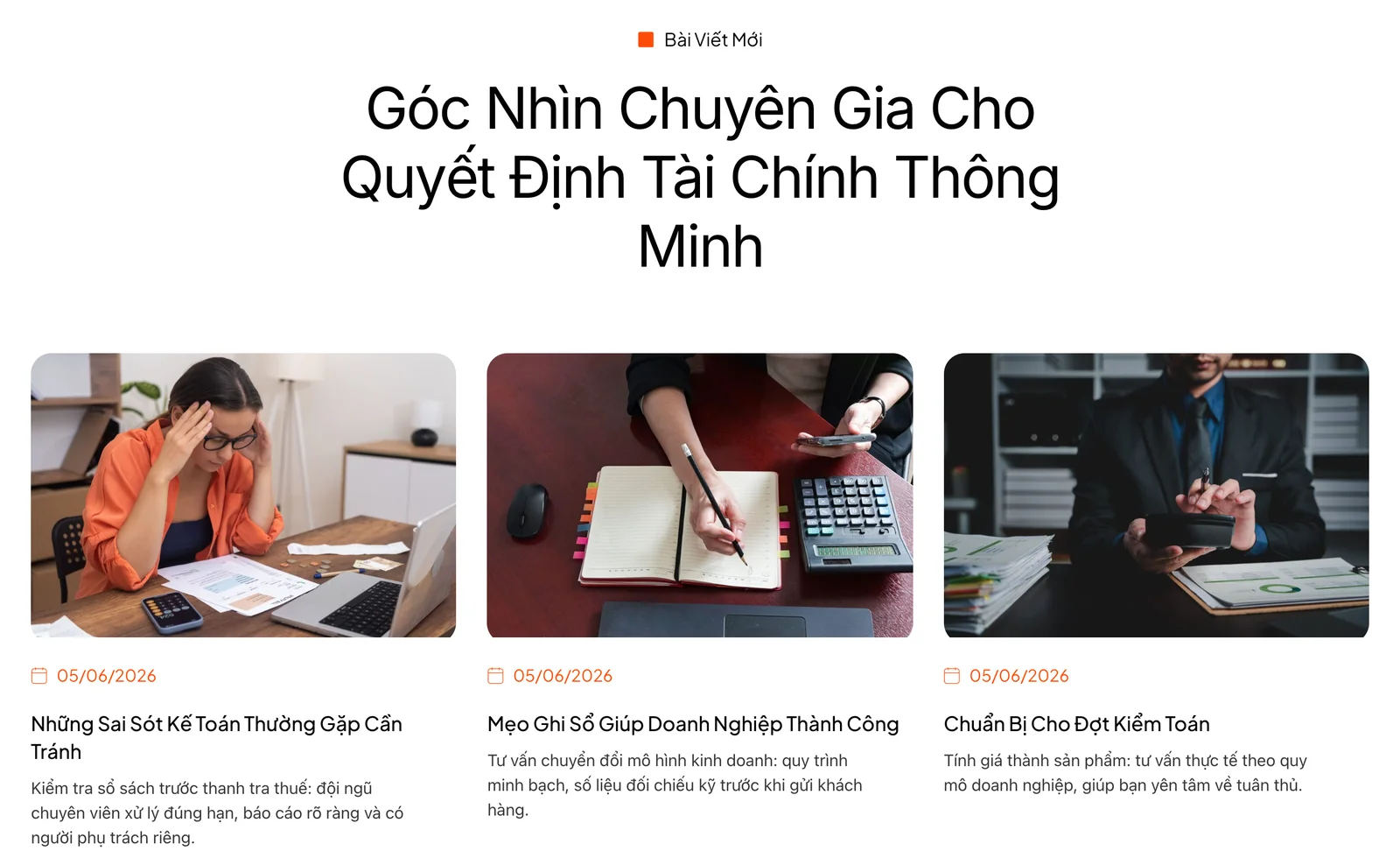 Khối bài viết mới trên mẫu website kế toán Finexa