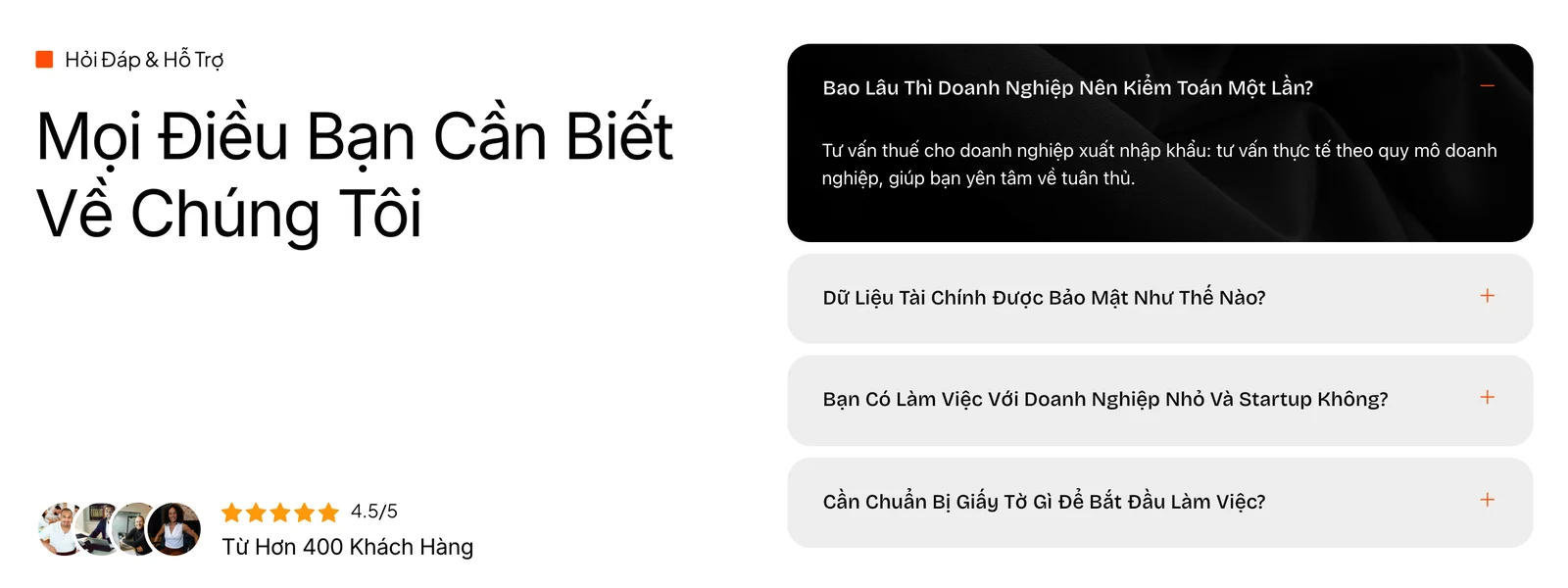 Mục hỏi đáp dạng xổ xuống trên mẫu website kế toán Finexa
