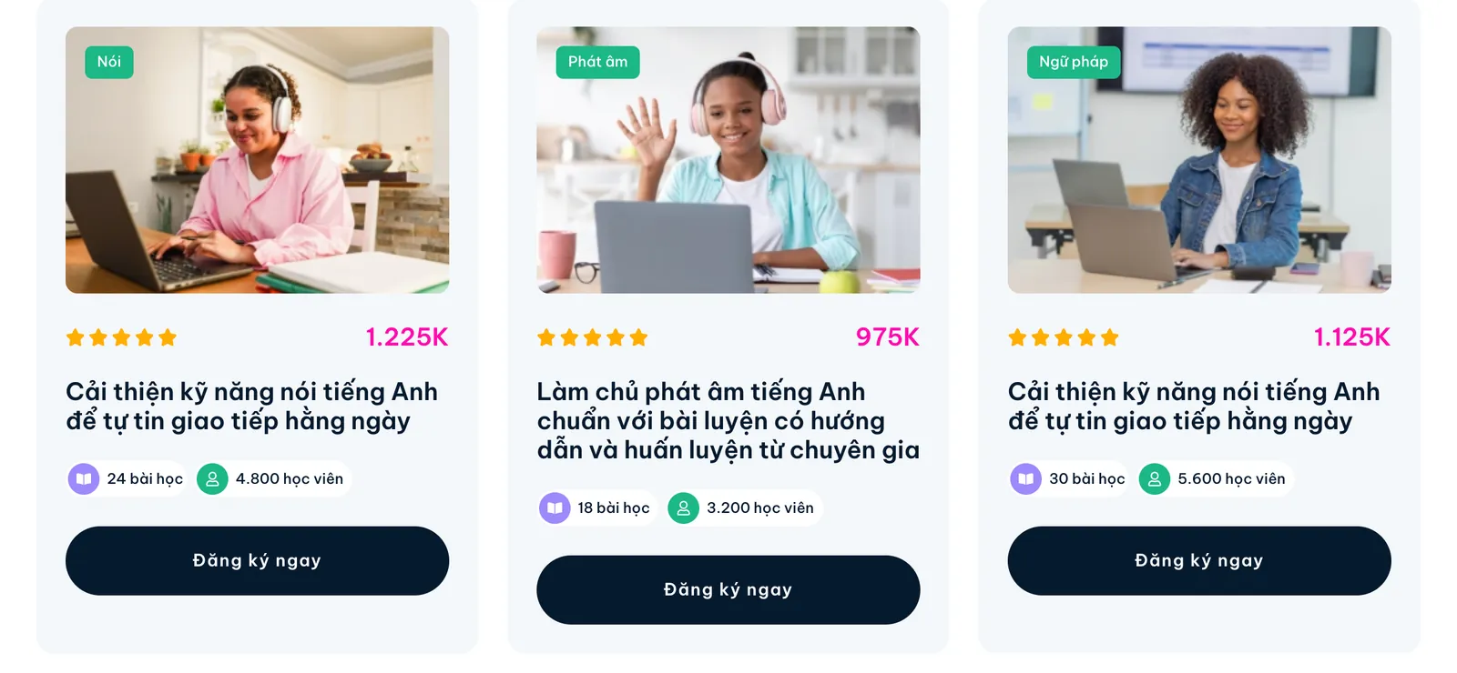 Thẻ khóa học online có giá, số bài học và nút đăng ký trên mẫu Eduvia