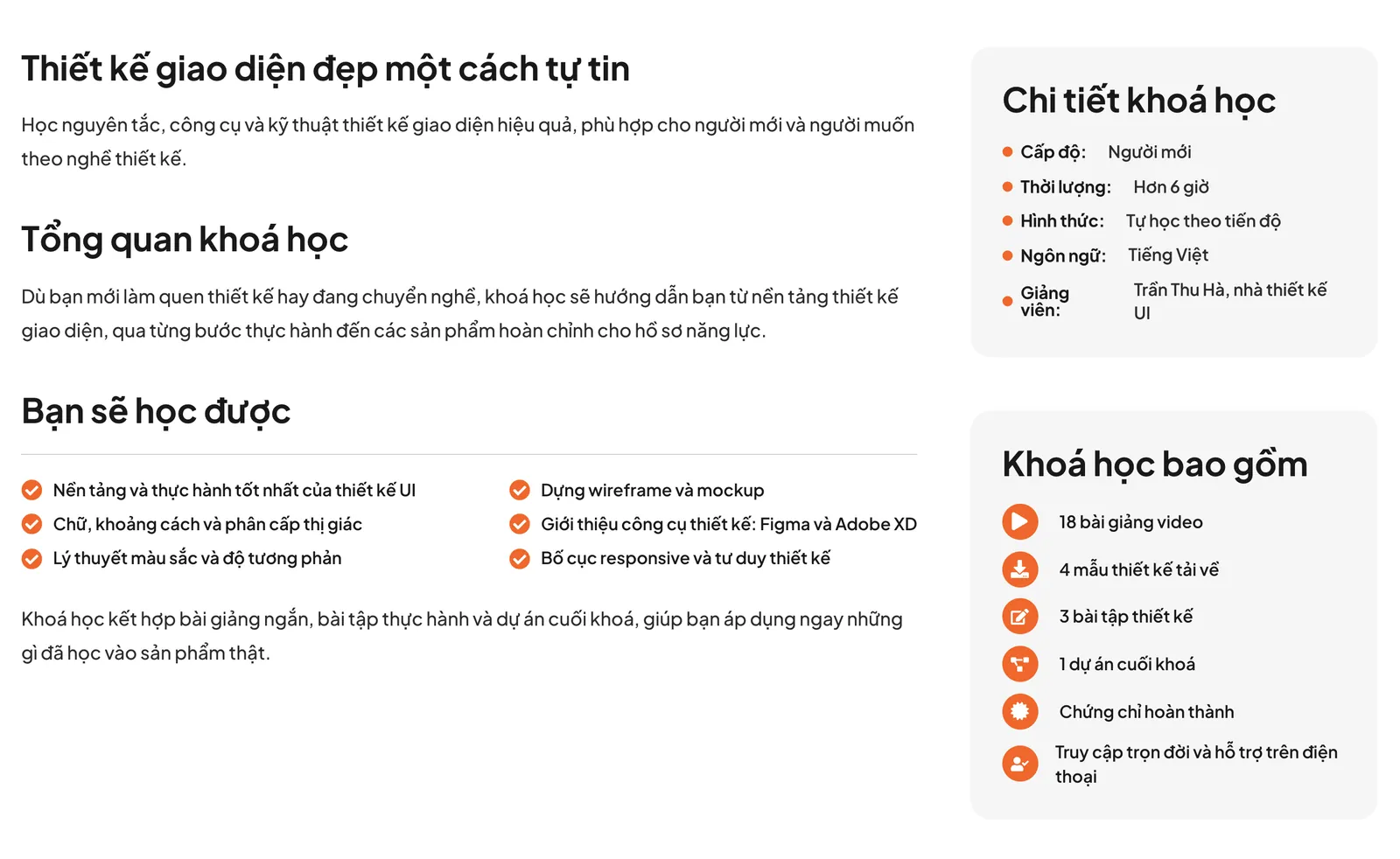 Trang chi tiết khóa học online có cấp độ, thời lượng và nội dung trên mẫu Blimy