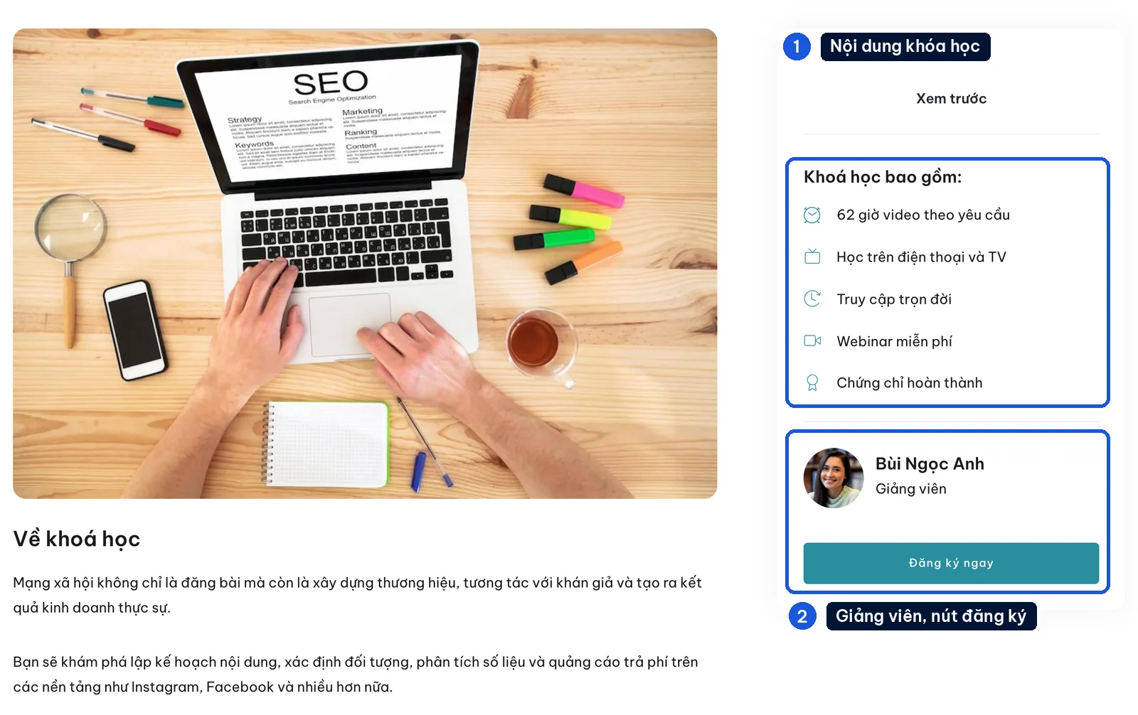 Khối nội dung khóa học online và giảng viên cạnh nút đăng ký trên mẫu Brainera