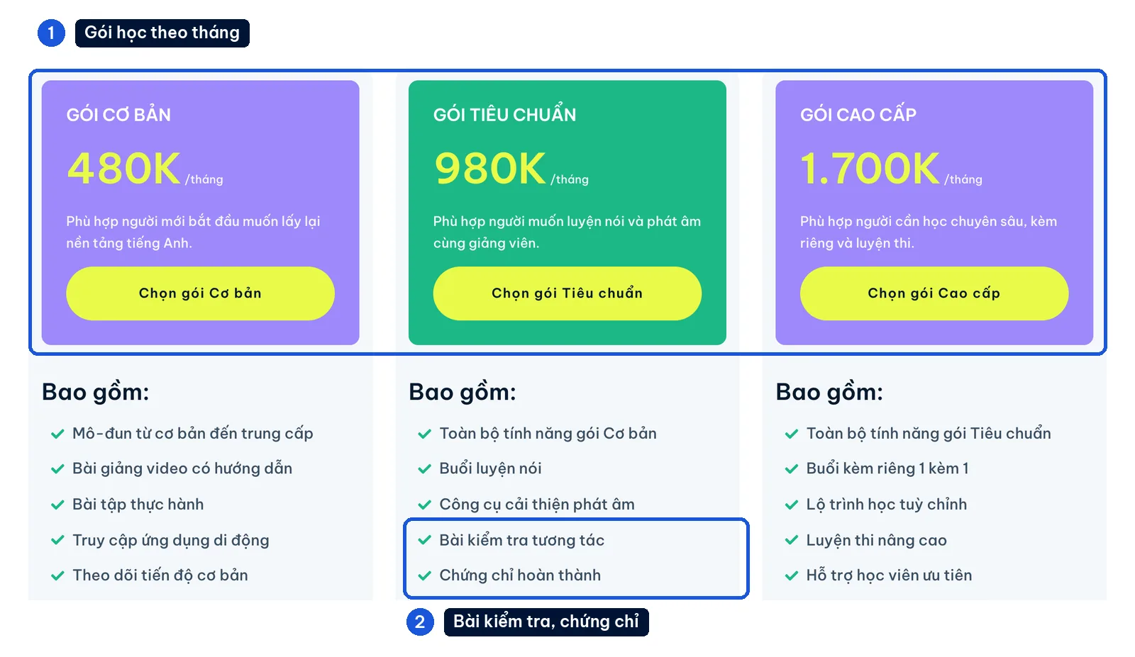 Bảng gói học khóa học online theo tháng có bài kiểm tra và chứng chỉ trên mẫu Eduvia