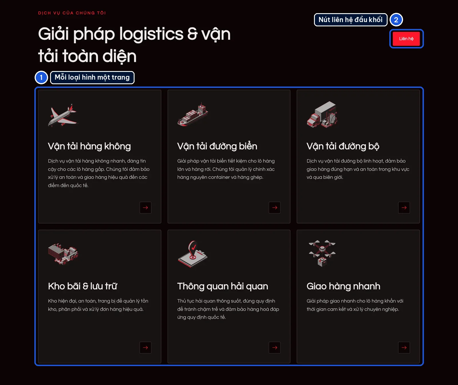 Khối dịch vụ trên mẫu website logistics Haulix chia theo từng loại hình vận tải