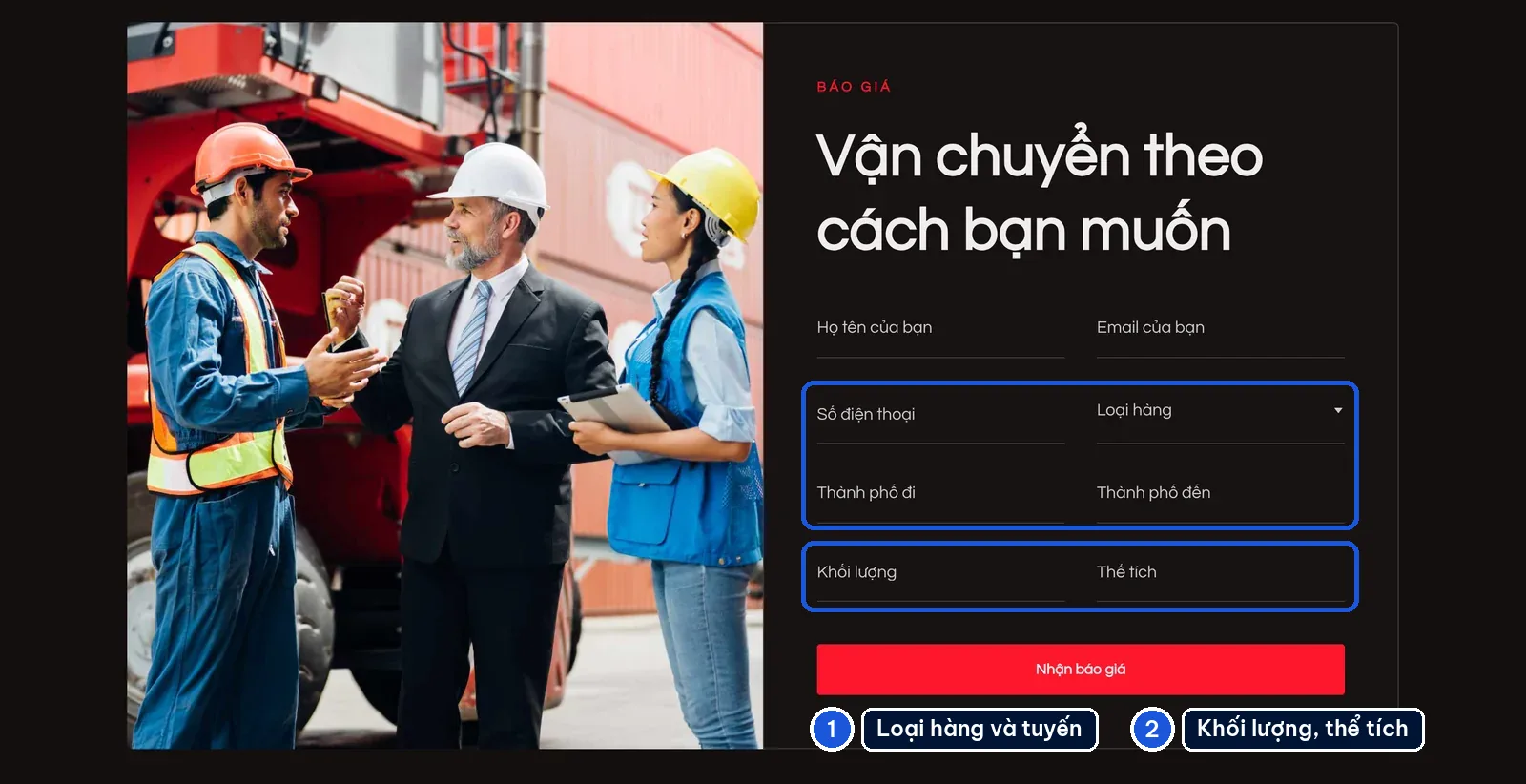 Form báo giá vận chuyển trên mẫu website logistics Haulix có loại hàng và tuyến
