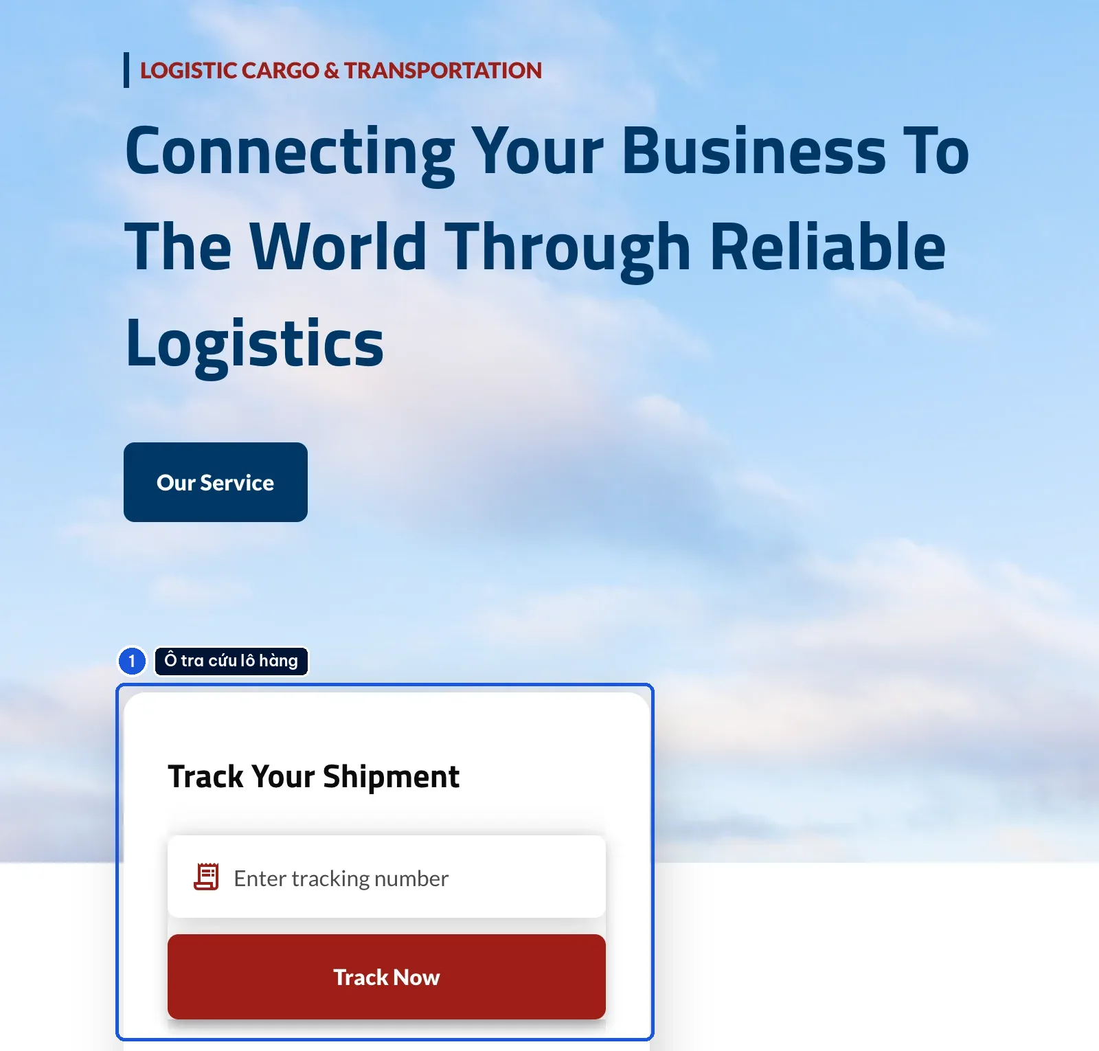 Ô tra cứu vận đơn ngay đầu trang chủ mẫu website logistics FastGo