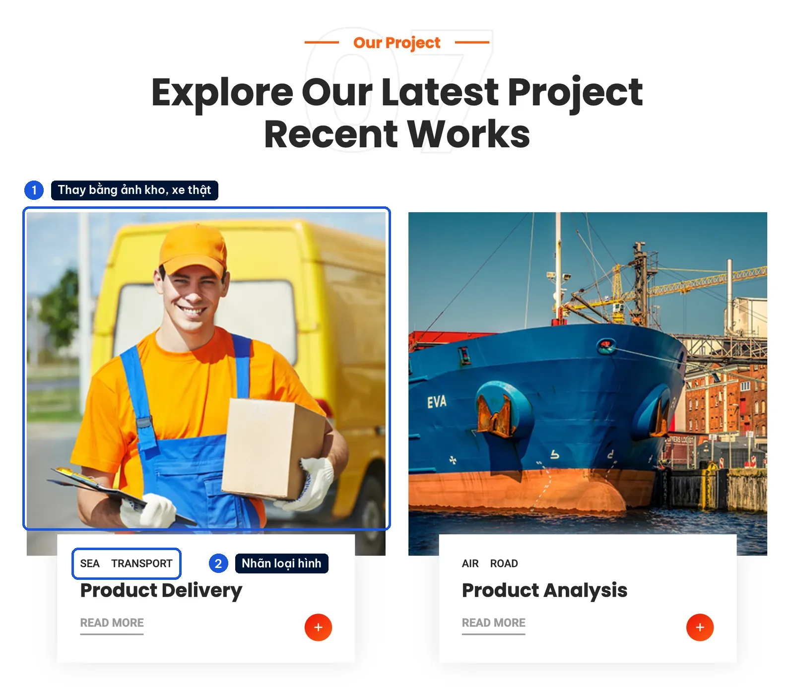 Khối dự án tiêu biểu có nhãn loại hình vận tải trên mẫu website logistics Logio