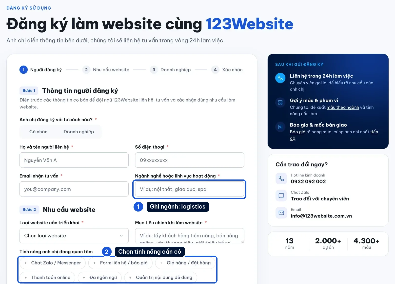 Form đăng ký tư vấn thiết kế website logistics tại 123Website