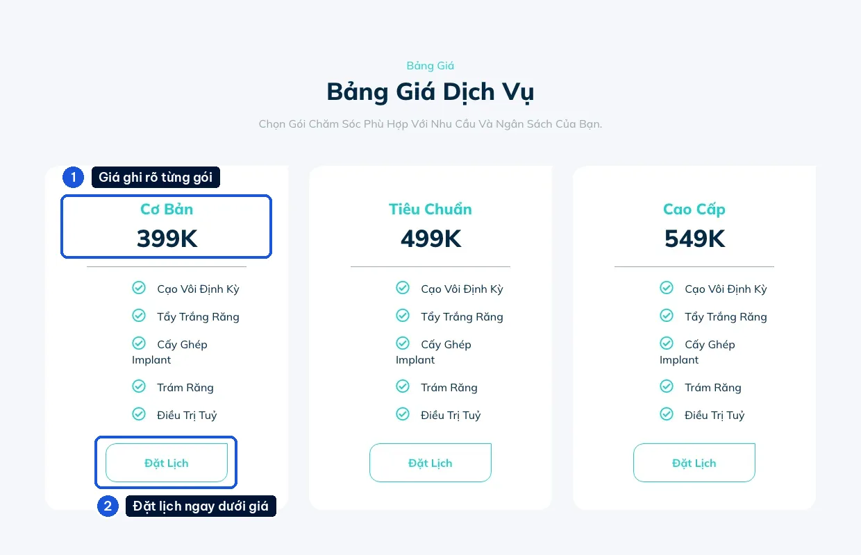 Bảng giá dịch vụ nha khoa trên mẫu DENTEX có nút đặt lịch dưới mỗi gói