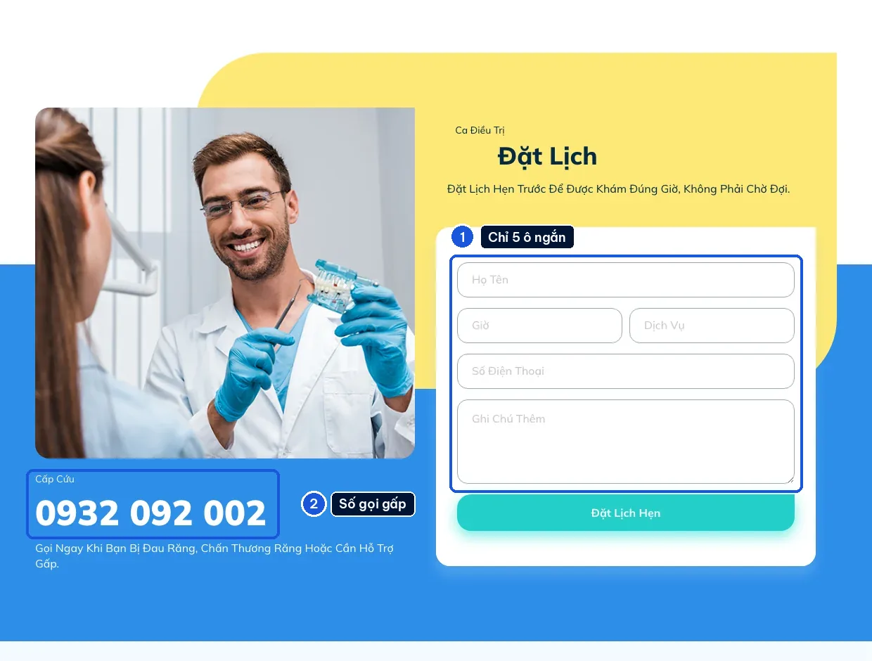 Form đặt lịch khám nha khoa trên mẫu DENTEX với ô dịch vụ và ghi chú