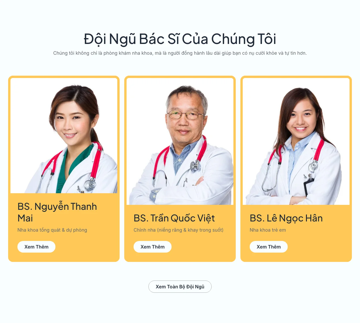 Khối đội ngũ bác sĩ nha khoa trên mẫu Denty với ảnh và chuyên môn
