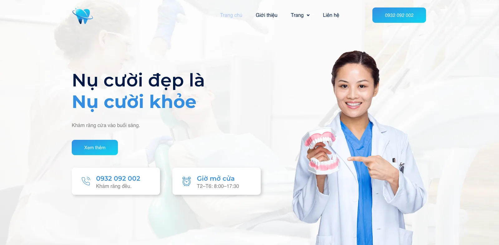 Đầu trang mẫu nha khoa Dentista có số điện thoại và giờ mở cửa