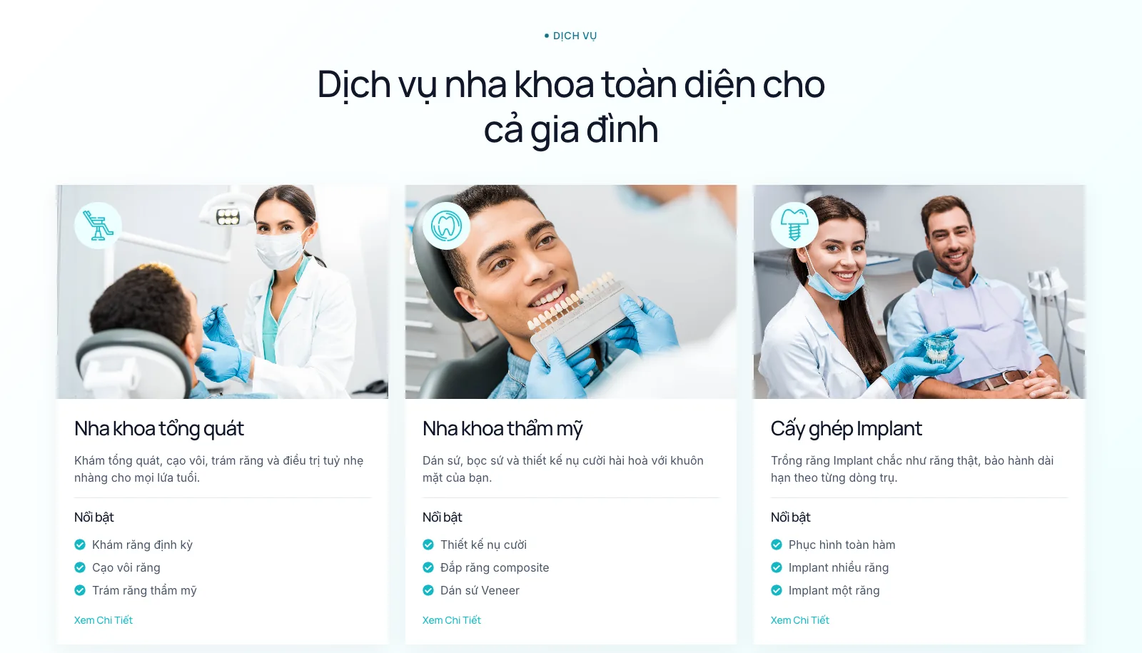 Khối dịch vụ nha khoa trên mẫu Velioden, mỗi dịch vụ có trang chi tiết riêng