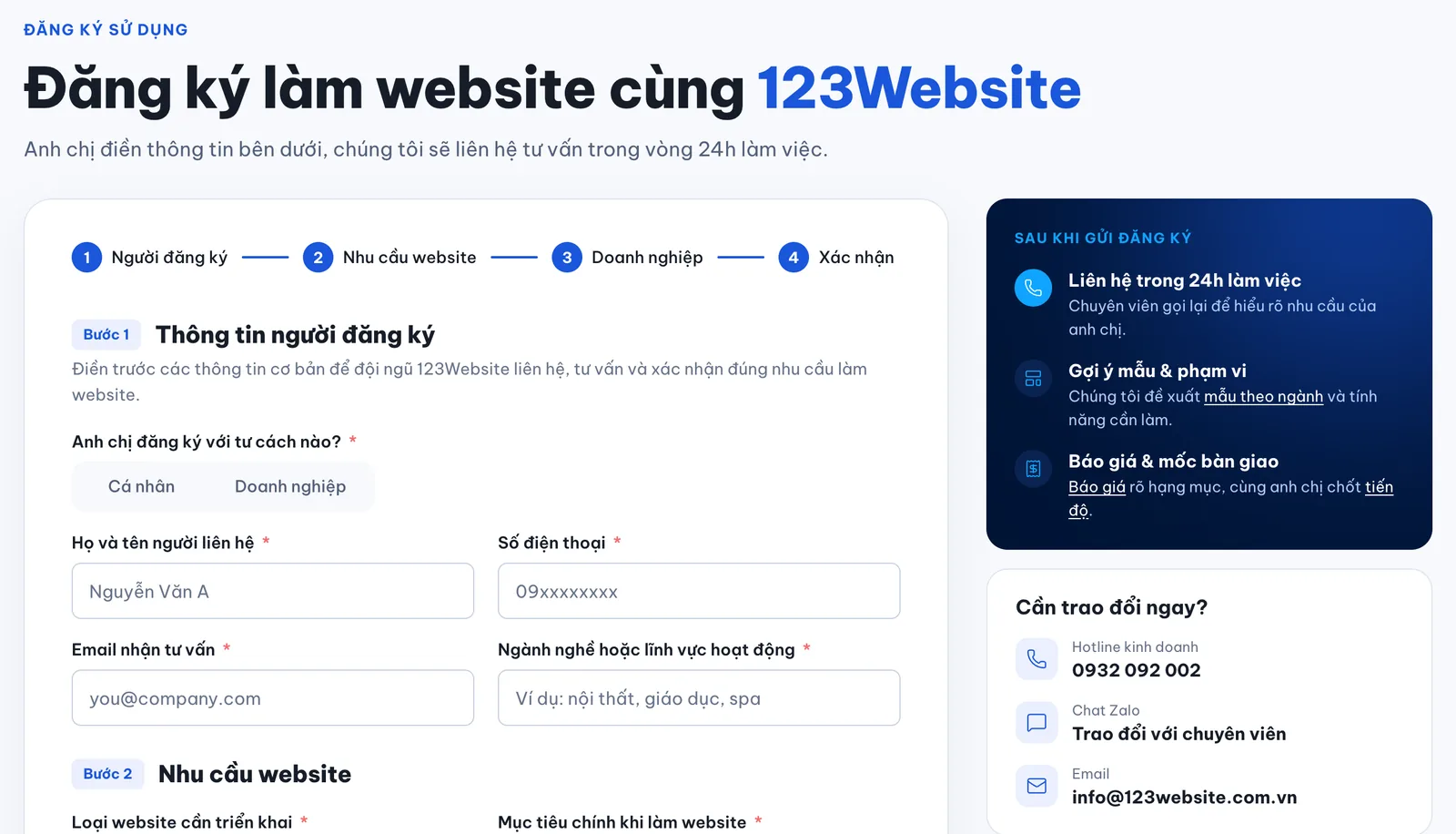 Trang đăng ký làm website của 123Website với form thông tin và hotline tư vấn