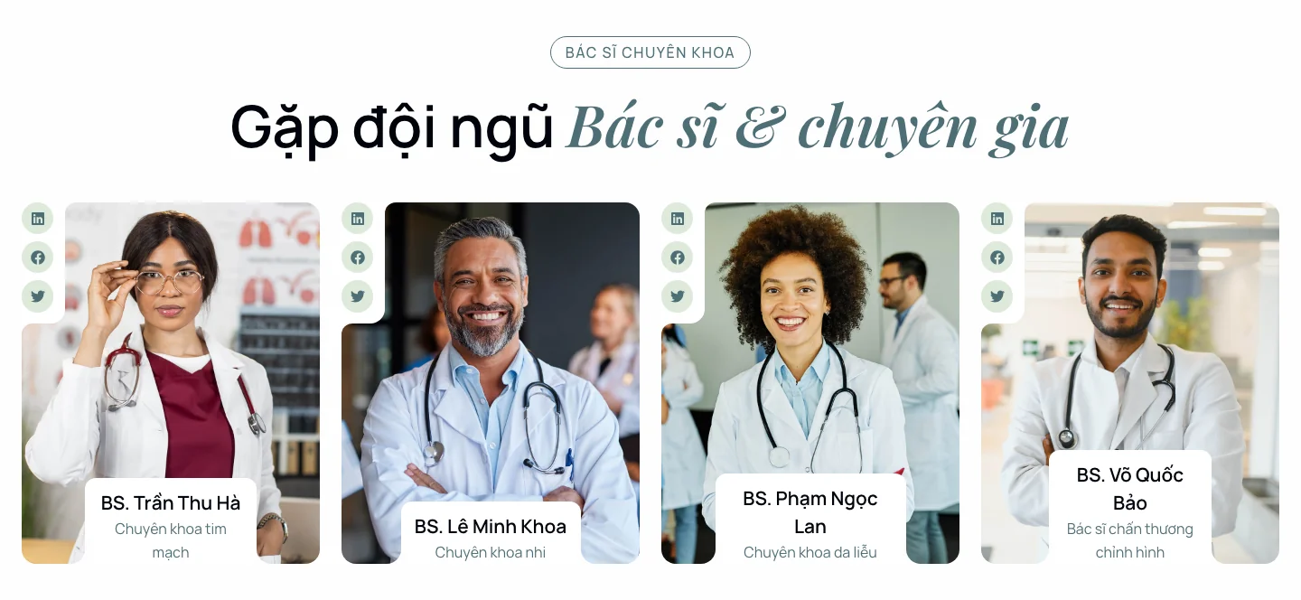 Khối đội ngũ bác sĩ chuyên khoa trên mẫu website phòng khám Healix