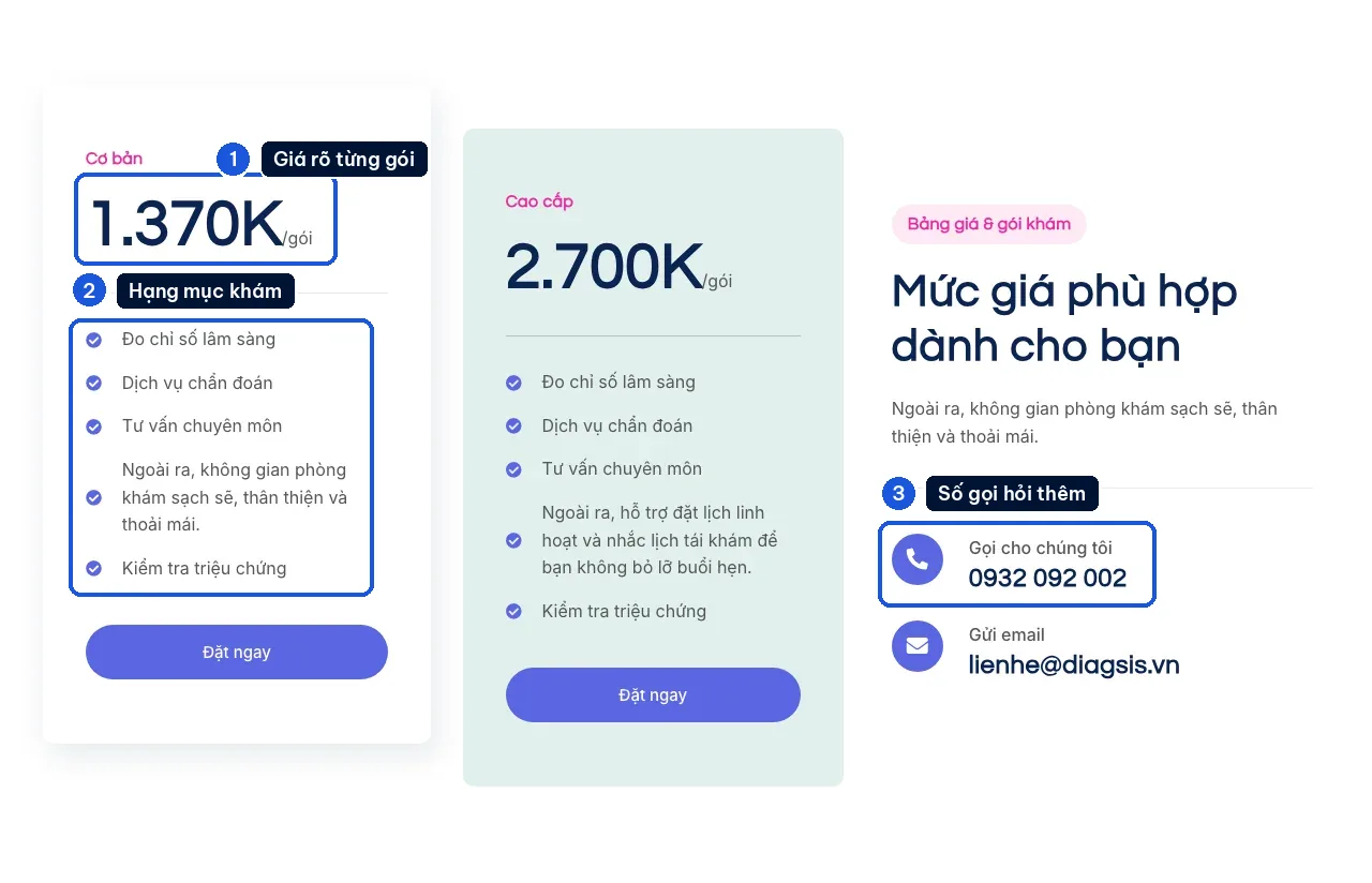 Bảng giá gói khám sức khoẻ trên mẫu website phòng khám Diagsis