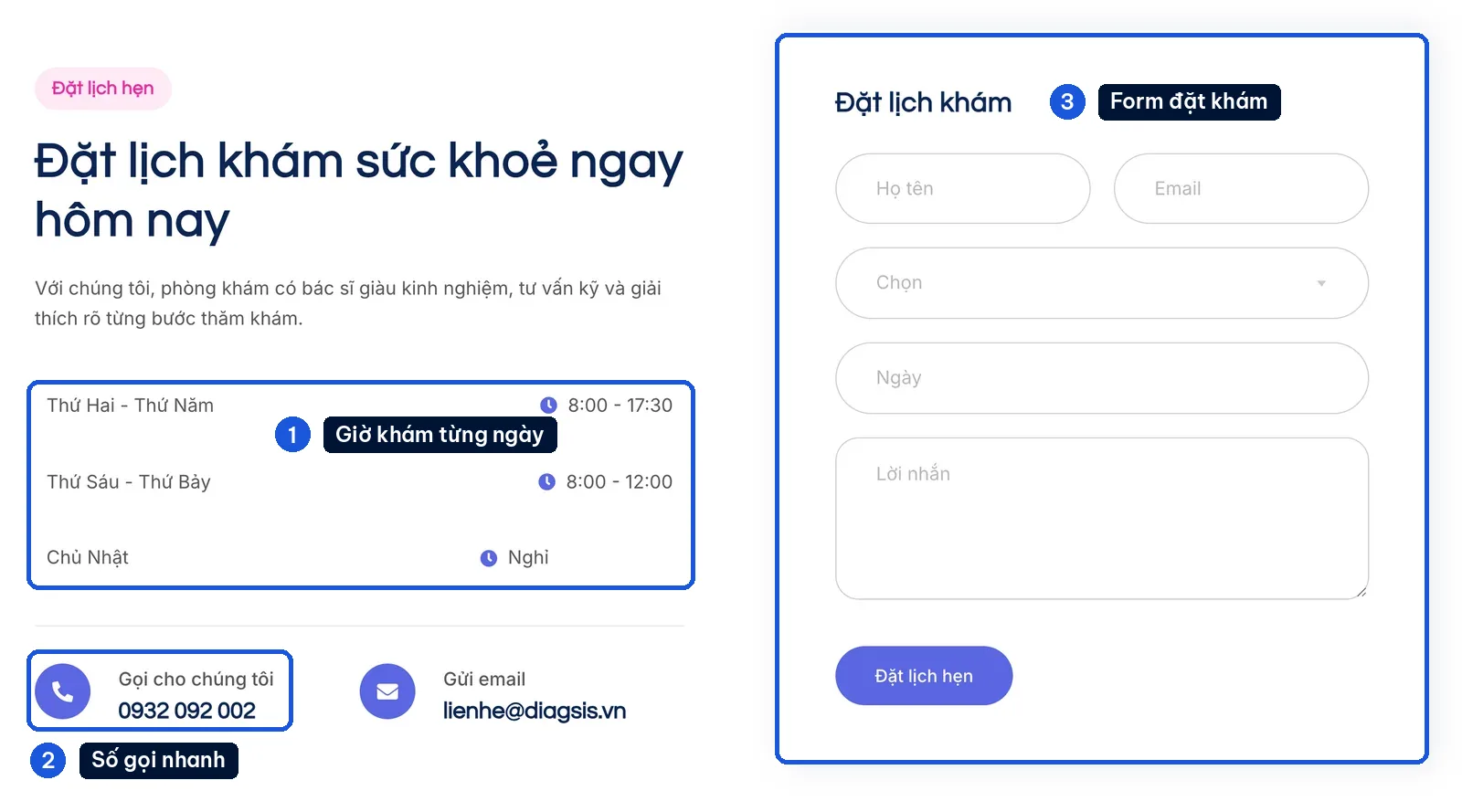 Giờ khám theo ngày và form đặt lịch trên mẫu website phòng khám Diagsis