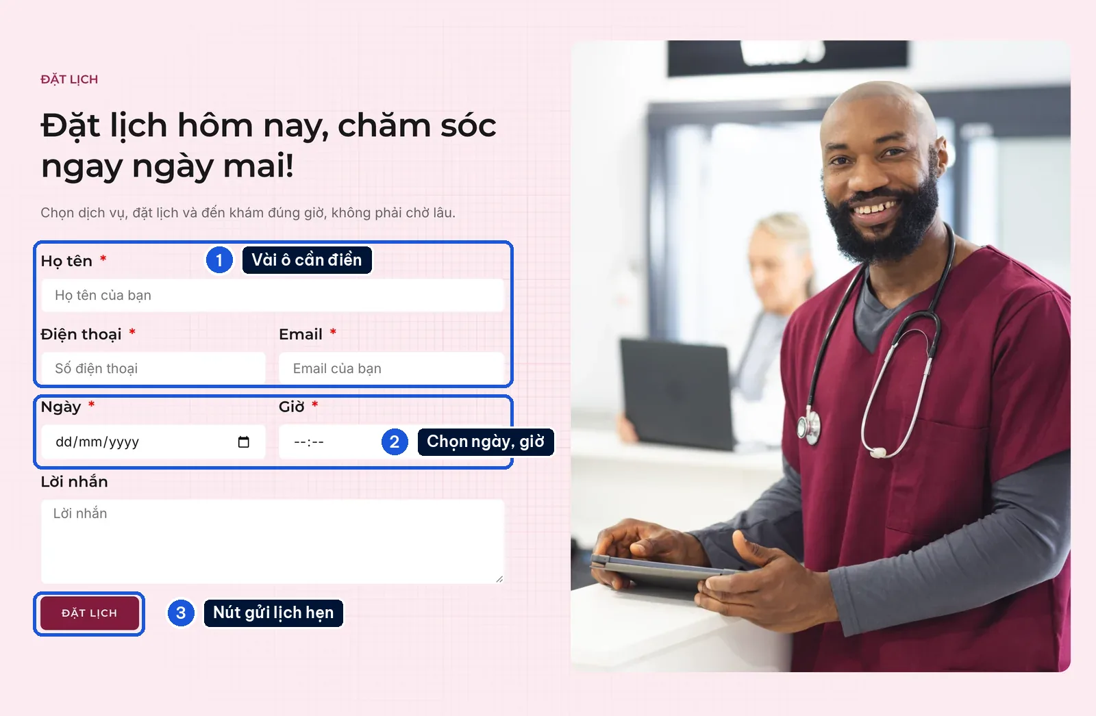 Form đặt lịch khám chọn ngày và giờ trên mẫu website phòng khám MediLife