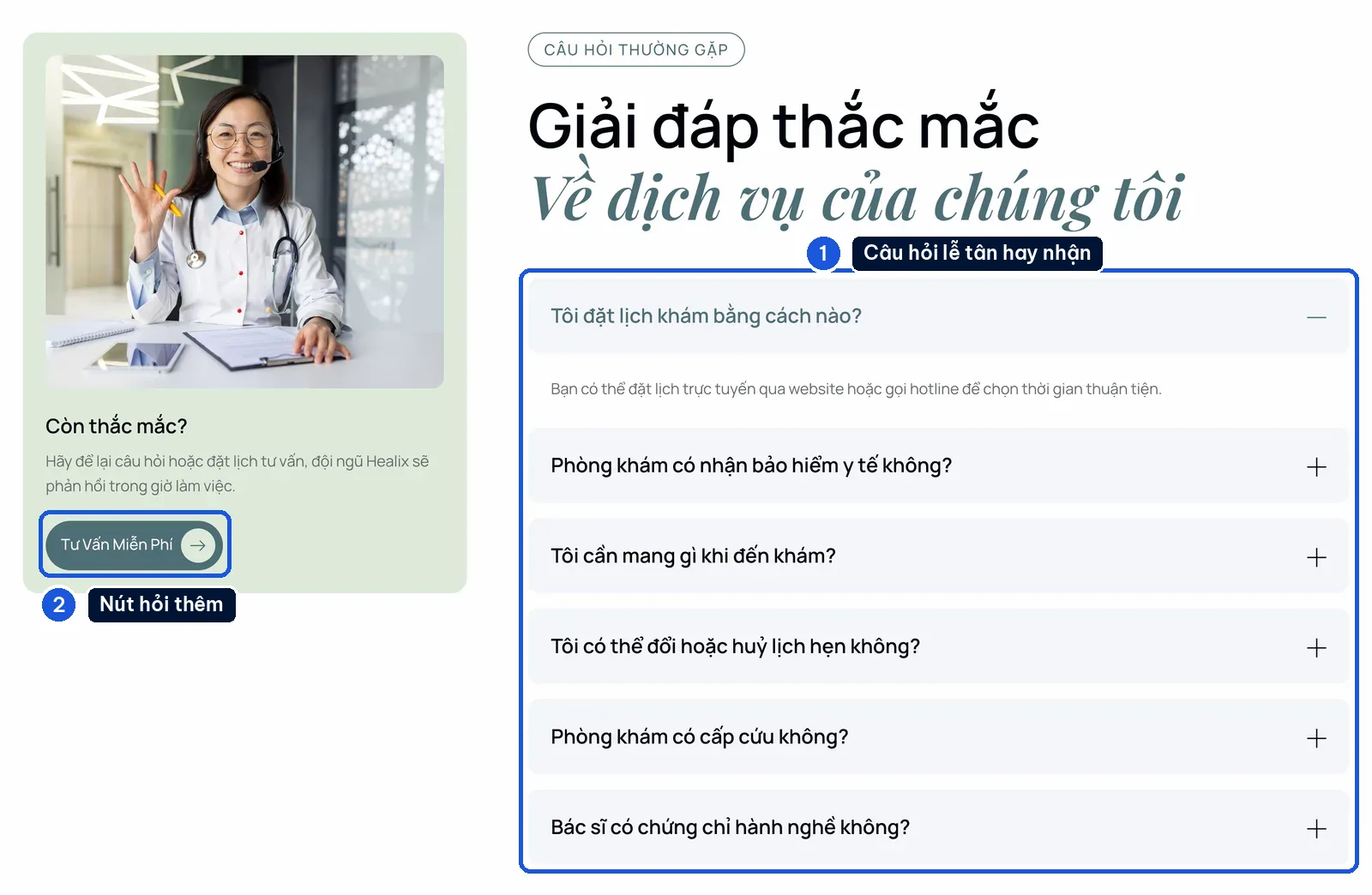 Mục giải đáp thắc mắc dạng xổ trên mẫu website phòng khám Healix