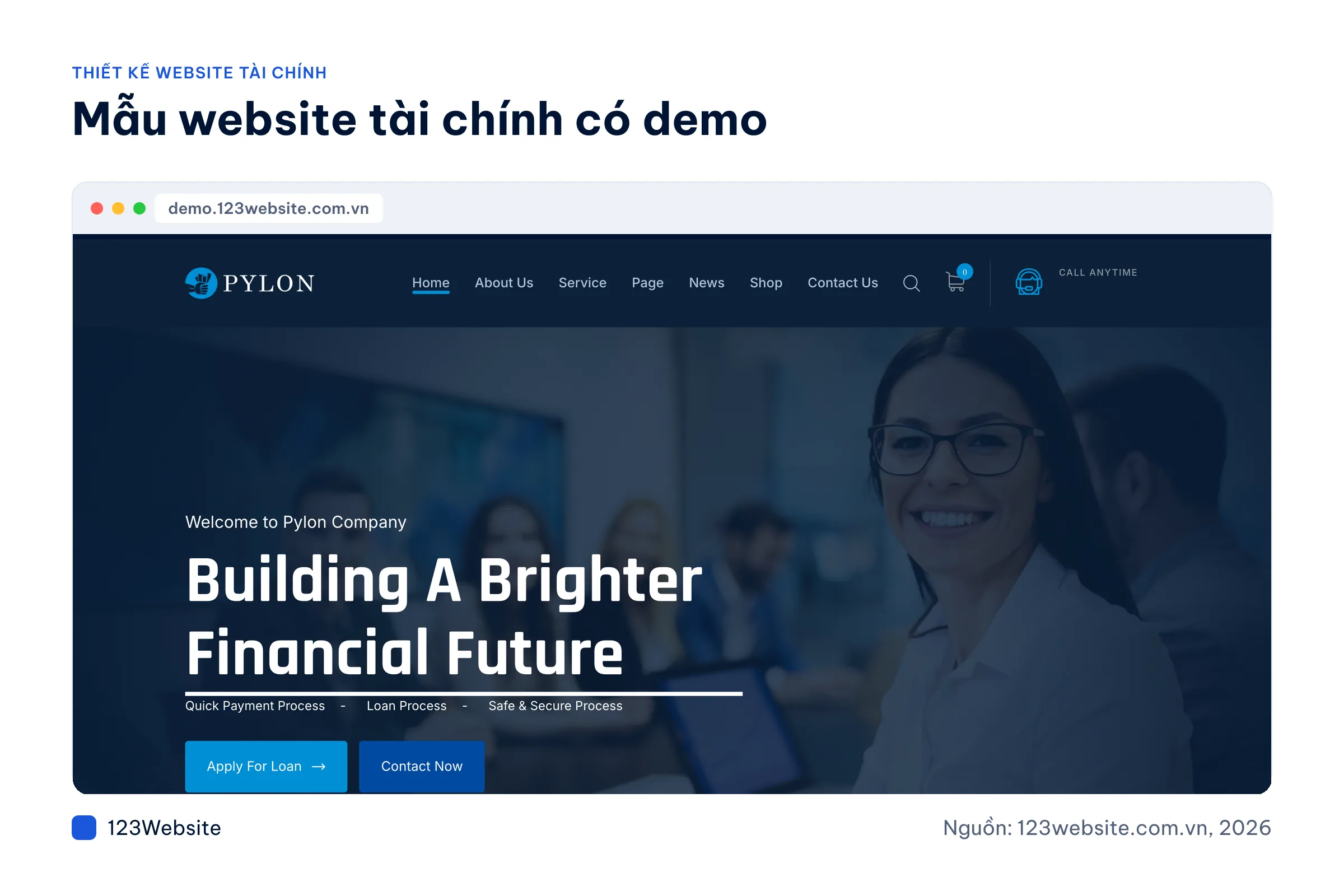 Trang chủ mẫu website tài chính Pylon Home 2 trong khung trình duyệt tại 123Website
