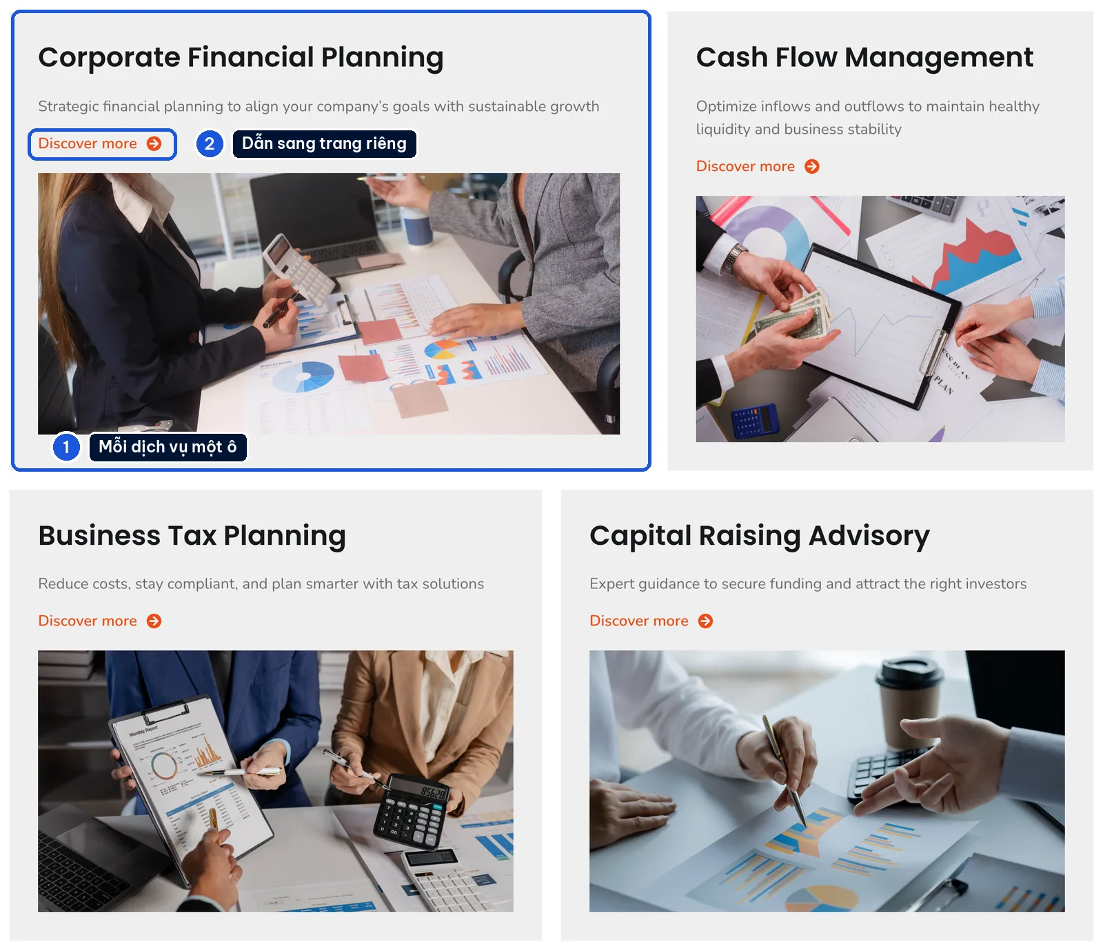 Lưới dịch vụ hoạch định tài chính, dòng tiền, thuế, gọi vốn trên mẫu website tài chính Optivest