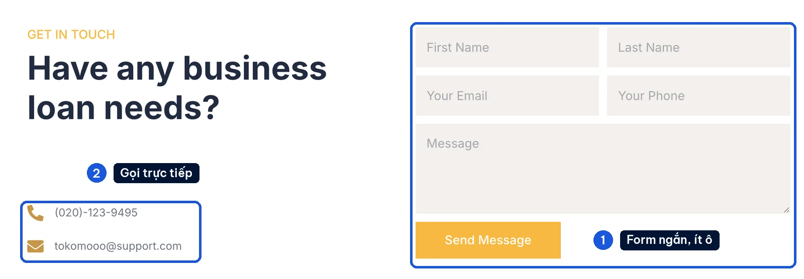 Form liên hệ nhu cầu vay vốn có họ tên, email, số điện thoại trên mẫu Souta