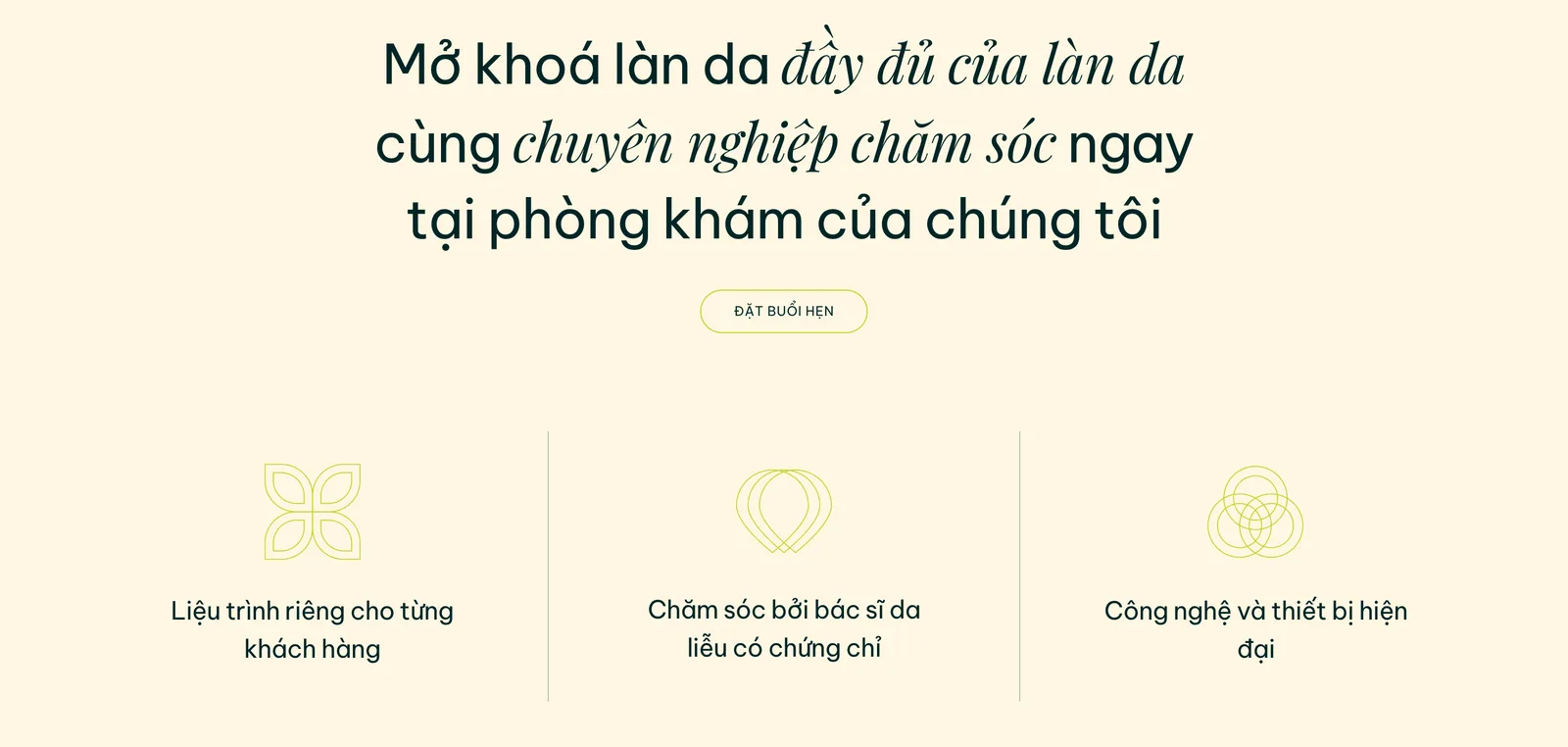 Ba điểm tin cậy và nút đặt buổi hẹn trên mẫu thẩm mỹ Nadya