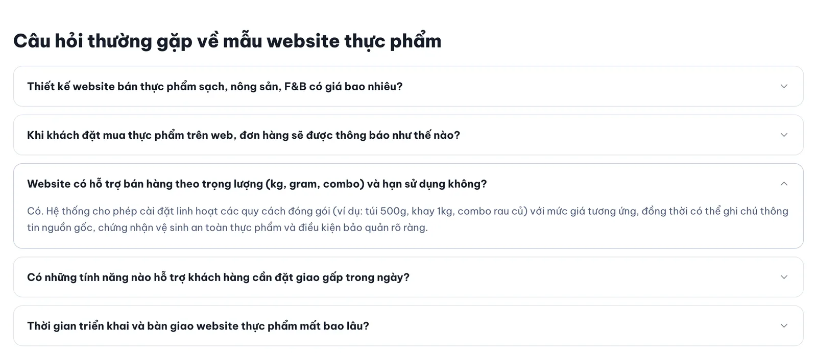 Hỏi đáp trên trang kho mẫu thực phẩm 123Website về bán theo kg, gram, combo và hạn sử dụng