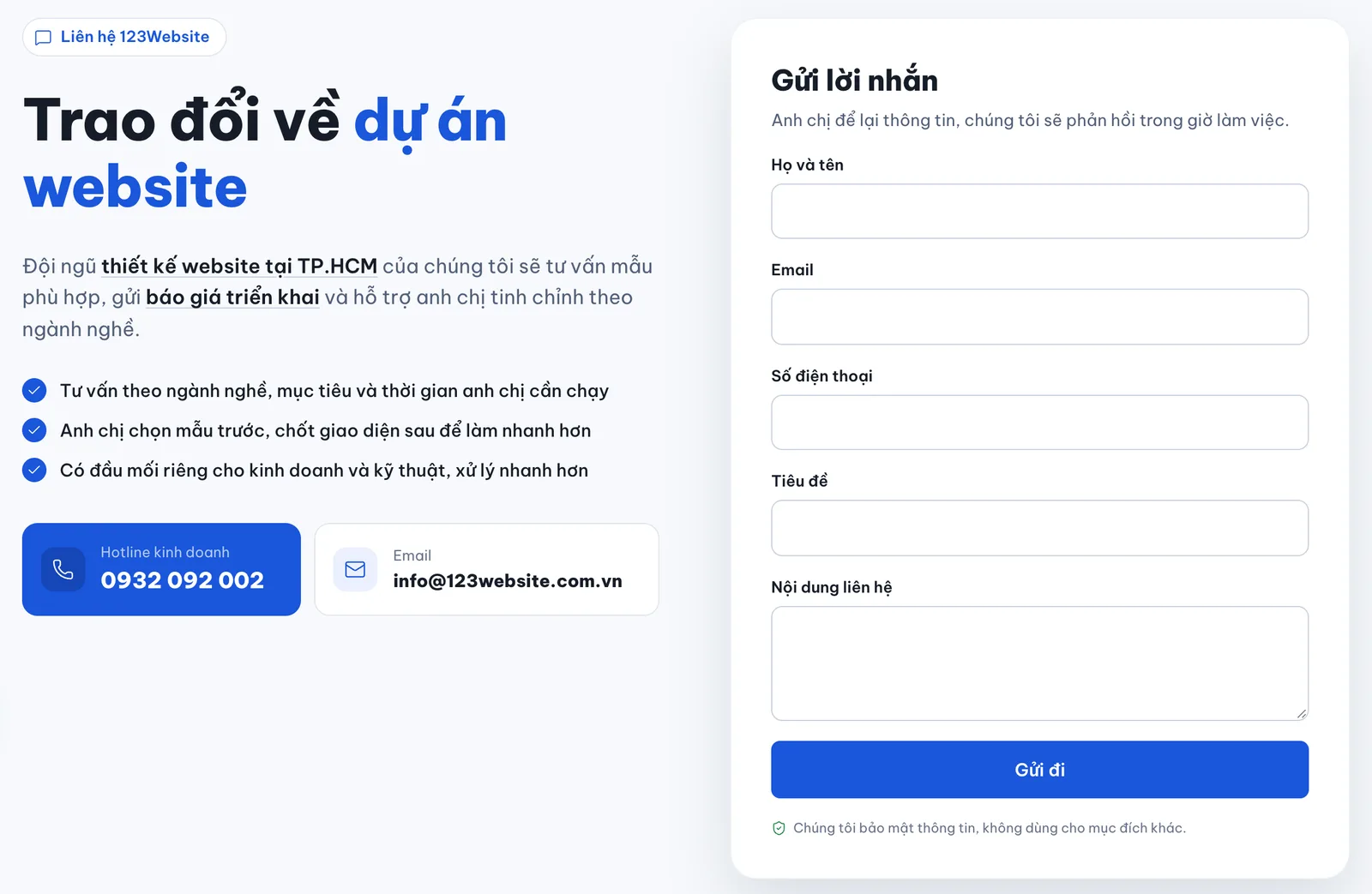 Trang liên hệ 123Website có form gửi lời nhắn, hotline kinh doanh và email