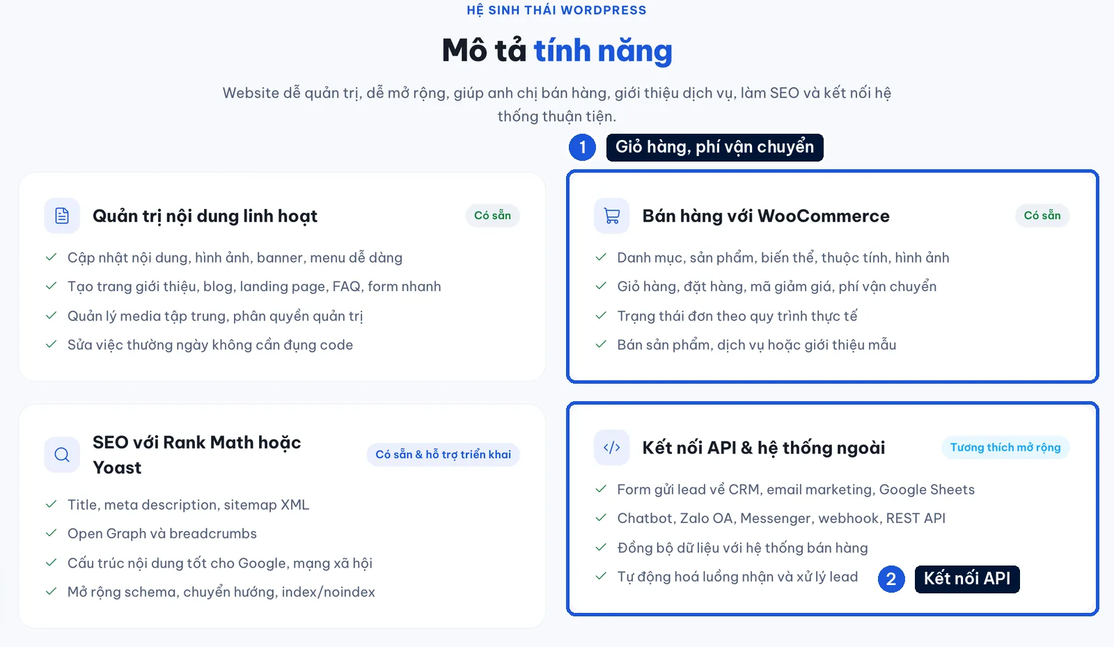 Khối tính năng mẫu Foodo: bán hàng WooCommerce có phí vận chuyển, kết nối API và hệ thống ngoài