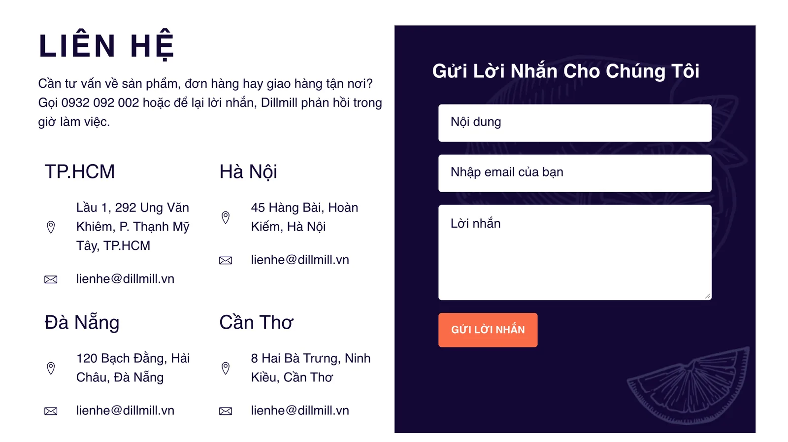 Trang liên hệ nhiều chi nhánh kèm form gửi lời nhắn trên mẫu website thực phẩm Dillmill