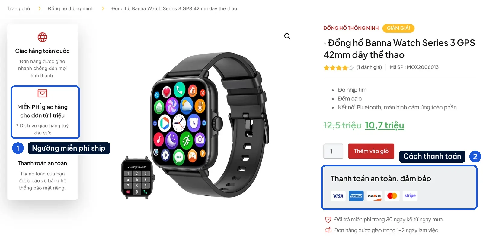 Trang sản phẩm mẫu GizmoStore hiện ngưỡng miễn phí giao hàng và cách thanh toán