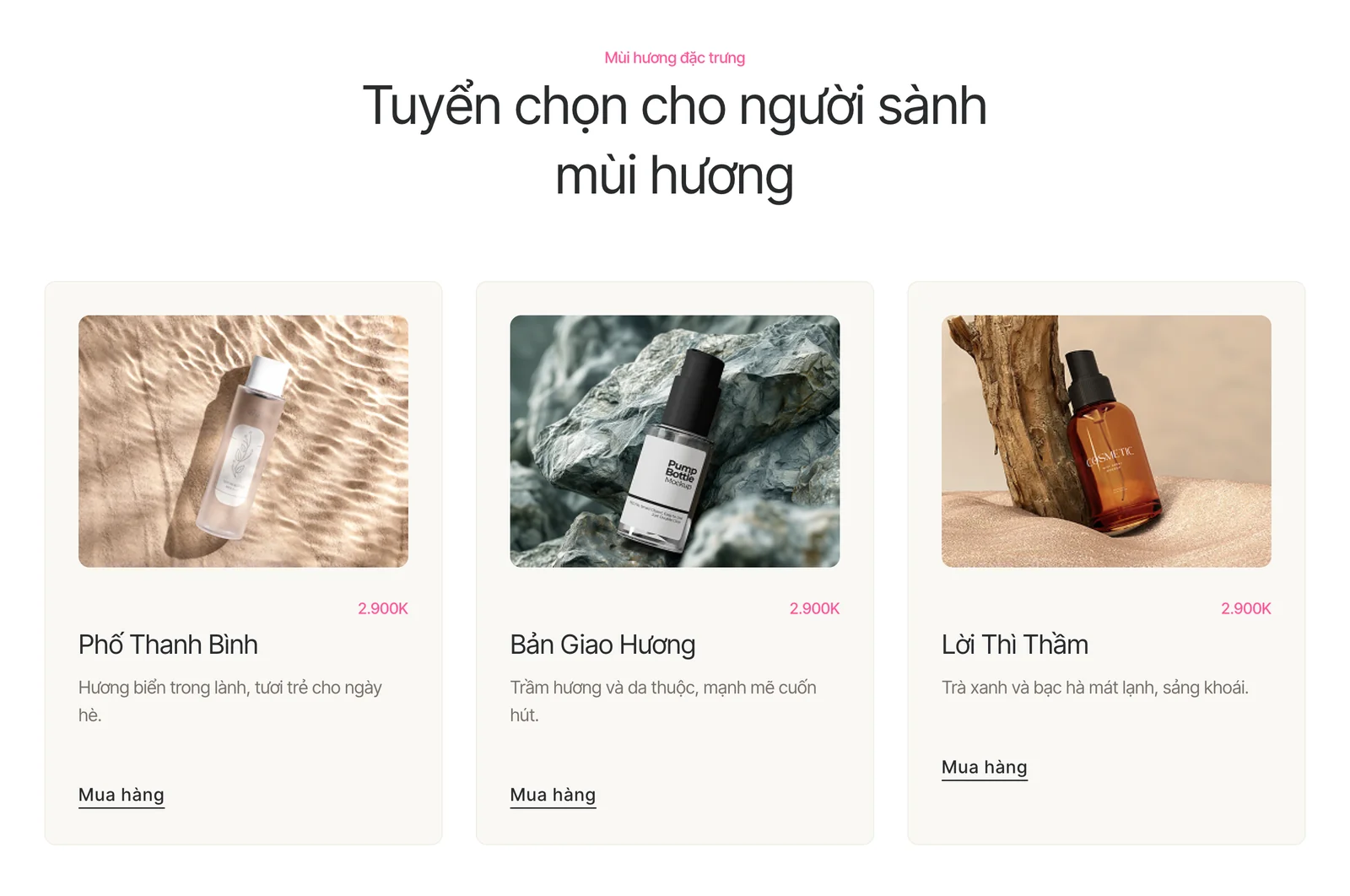 Khối sản phẩm trên mẫu website thương mại điện tử Fragrea với ảnh chụp từng mã
