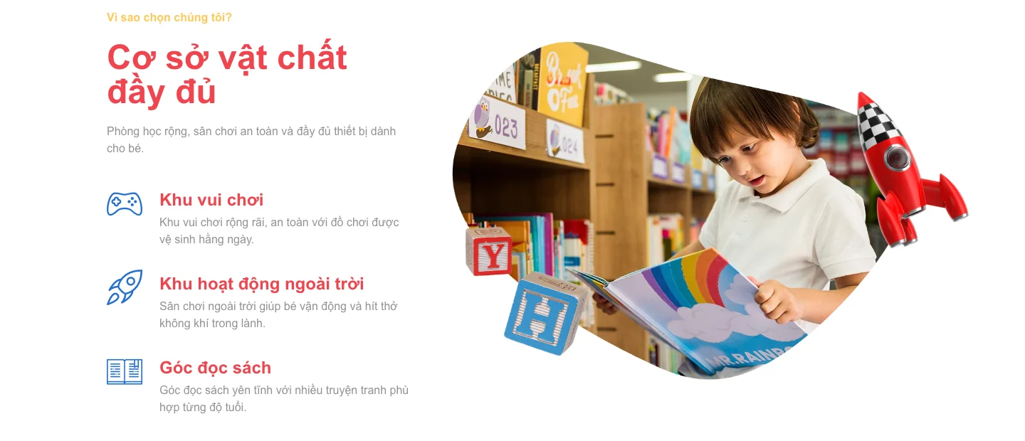 Khối cơ sở vật chất khu vui chơi, góc đọc sách trên mẫu website trường mầm non Kidzena